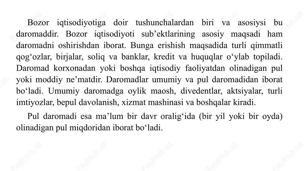 yo‘li bilan erishish mumkin. korxona, firma va boshqa ishlab chiqarish ob’ektlarining foydaolib ishlashi samaradorlik deyiladi. samaradorlik foyda olish darajasini ko‘rsatadi va foiz hisobida ifodalanadi. samaradorlik tayin bir vaqtda qo‘lga kiritilgan foyda miqdorining mahsulot tannarxiga foiz nisbati sifatida hisoblanadi, ya’ni bu erda – samaradorlik belgisi, bosqichda qo‘lga kiritilgan foyda, bosqichdagi mahsulot tannarxi. 3-misol. firma bolalar etikchalarini ishlab chiqarish bilan shug‘ullanadi. oldingi yil natijasiga ko‘ra, firmada ishlab chiqarilgan mahsulotlar tannarxi 4 mln. so‘mni, korxonaning daromadi esa 5 mln. so‘mni tashkil qilgan. firmaning ishlab chiqarish samaradorligini hisoblang. yechish. o‘tgan yil hisobotiga ko‘ra, firma 5 000 000 – 4 000 000 = 1 000 000 so‘m foyda ko‘rgan. uning rentabelligi (samaradorligi) bo’ladi. 4-misol. jamol yoz kunlarining birida o‘zida mavjud bo‘lgan 120 dollar pulini xarajat qilib limonad tayyorladi va uni sotib, 250 dollar pulga ega bo‘ldi. jamolning ish haqi va foydasi nimaga teng bo‘ladi? yechish. jamolning kichik biznesidan tushgan pul (daromad) 250 dollarni tashkil qiladi. …