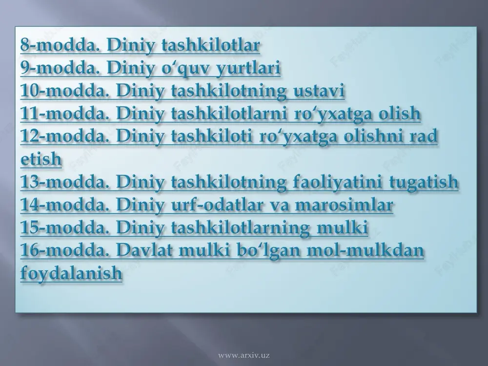 rolar, har xil e’tiqodlarga mansub diniy tashkilotlar o‘rtasida o‘zaro murosa va hurmat o‘rnatilishiga ko‘maklashadi, diniy va o‘zga mutaassiblikka hamda ekstremizmga, munosabatlarni qarama-qarshi qo‘yish va keskinlashtirishga, turli konfessiyalar o‘rtasida adovatni avj oldirishga qaratilgan xatti-harakatlarga yo‘l qo‘ymaydi. davlat diniy konfessiyalar o‘rtasidagi tinchlik va totuvlikni qo‘llab-quvvatlaydi. bir diniy konfessiyadagi dindorlarni boshqasiga kiritishga qaratilgan xatti-harakatlar (prozelitizm), shuningdek boshqa har qanday missionerlik faoliyati man etiladi. ushbu qoidaning buzilishiga aybdor bo‘lgan shaxslar qonun hujjatlarida belgilangan javobgarlikka tortiladilar. www.arxiv.uz www.arxiv.uz www.arxiv.uz www.arxiv.uz davlat organlari bilan diniy tashkilotlarning o‘zaro munosabatlarini muvofiqlashtirish hamda vijdon erkinligi va diniy tashkilotlar to‘g‘risidagi qonun hujjatlari ijrosini nazorat qilish vazifasi o’zbekiston respublikasi vazirlar mahkamasi huzuridagi din ishlari bo‘yicha qo‘mita zimmasiga yuklanadi. qo‘mitaning huquqiy maqomi o’zbekiston respublikasi vazirlar mahkamasi tomonidan tasdiqlangan nizom bilan belgilanadi. qoraqalpog‘iston respublikasi vazirlar kengashi, viloyat, tuman va shahar hokimliklari va fuqarolarning o‘zini o‘zi boshqarish organlari tegishli hududlarda vijdon erkinligi va diniy tashkilotlar to‘g‘risidagi qonun hujjatlarga rioya etilishi uchun qonun bo‘yicha javobgardirlar. …