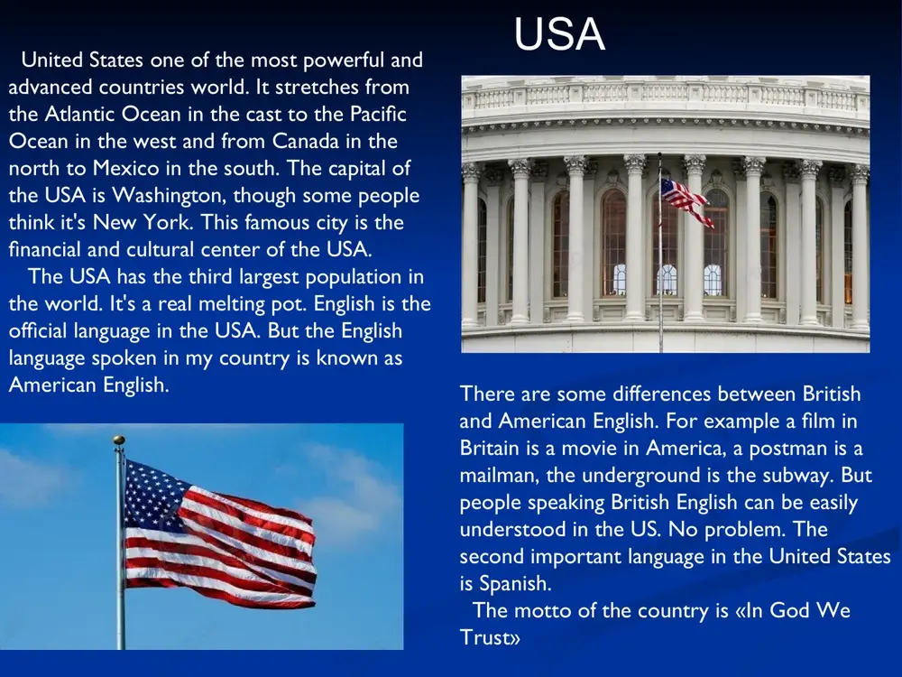 world's smallest countries - it's twice smaller than france or spain. however, there are only nine other countries with more people, and london is the world's seventh biggest city. in britain you can meet people of many different nationalities. the capital of the uk is london. the official language is english. do you know that english is made up of anglo-saxon, french and latin? it also includes a lot of words from greek and other languages, even russian. interesting facts about the state structure of great britain britain is a unitary state with a parliamentary monarchy. queen elizabeth ii is head of state of the united kingdom and monarch of fifteen other independent commonwealth countries. had formed a wrong opinion that the monarch has a symbolic rather than political role and only has "the right to be consulted, right to encourage and right to warn", but it should be noted …