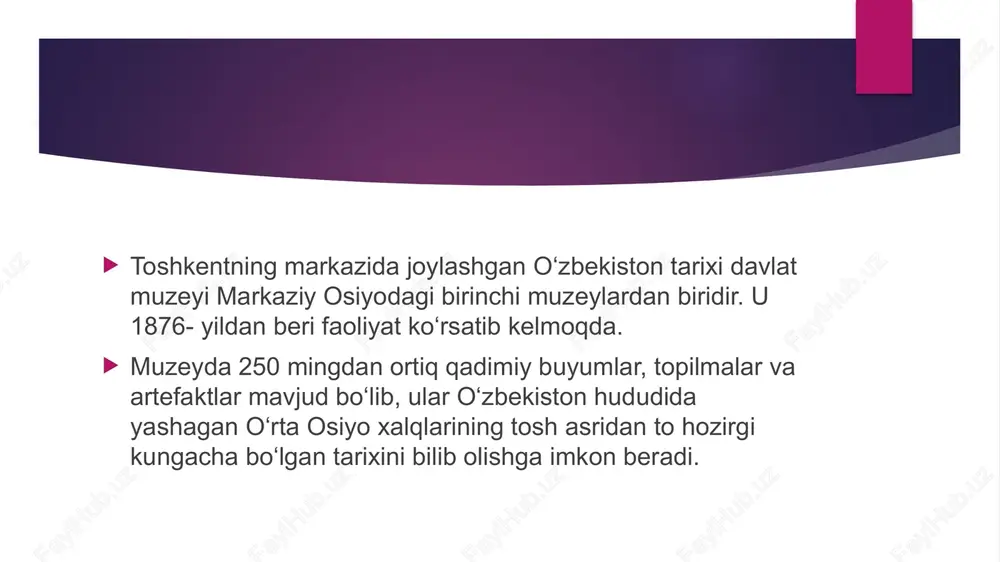 ronlik qilgan, somoniylar, qoraxoniylar, temuriylar, buxoro, xiva va qoʻqon xonliklariga mansub tangalar namoyish etilgan. muzey arxiv va kutubxonaga ega. muzey faoliyati davomida olimlar tomonidan ilmiy asarlar, ilmiy va ommabop kitoblar, albom, buklet va turli koʻrsatkichlar hamda maktab oʻquvchilari va talabalar tarbiyasi uchun ilmiymetodik qoʻllanmalar nashr etib kelmoqda. ular orasida keyingi yillarda nashr etilgan “temuriylar sulolasining tangalari” (1996); “katalog metallicheskix i keramicheskix izdeliy uzbekistana xshx1x vv” (2000); “oʻzbek milliy kiyimlari” (2002); “fargʻona vodiysidagi milliy ozodlik kurashlari” (2003); “toshkentning yangi shahar qismi tarixi” (2004) kabi nashrlar bor. muzeyda 4 ta fan d-ri va 4 ta fan nomzodi ishlaydi. 2003-yil aprelda muzey qoshida ilmiymetodik kengash tashkil qilingan. muzey 1964-yildan 1887-yil qurilgan sobiq turkiston davlat palatasi binosida faoliyat yurgizgan. 1992-yil aprel dan sobiq lenin muzeyi binosiga koʻchib oʻtdi. mazkur bino 1970, meʼmori ye.rozanov, v.shestopalov va boshqalar) shahrining markazida sharof rashidov shohkoʻchasida joylashgan. bino murabba tarhli, 20 ta zal (umumiy ekspozitsiya maydoni 3,2 ming kv.m), …