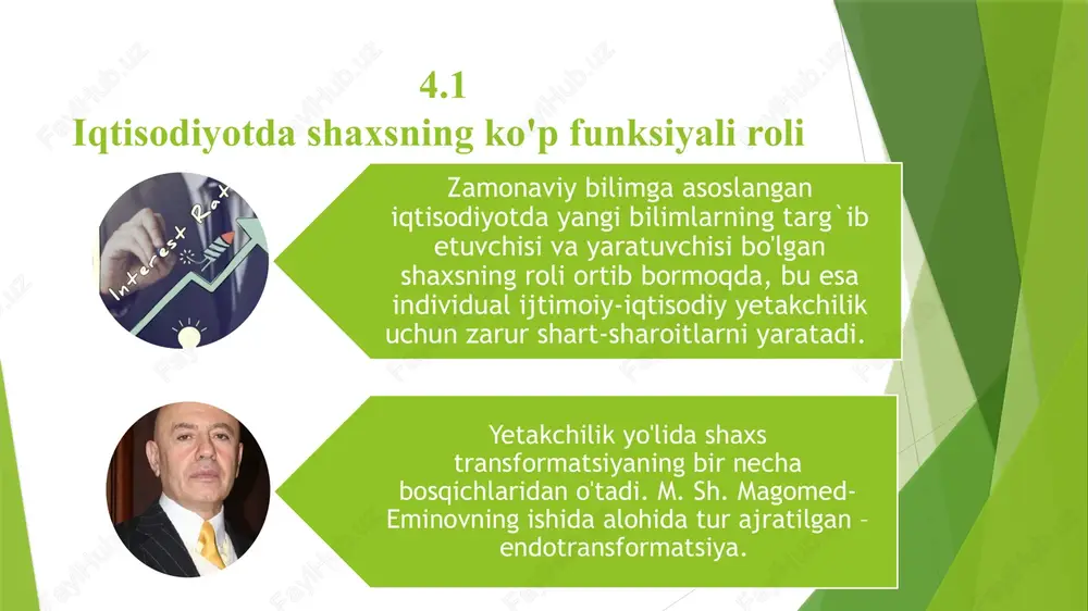 ot ish joyining iqtisodiyoti sifatida ta'riflanadi. ushbu yondashuvning asosini iqtisodiy genetika va evolyutsion iqtisodiyot tashkil etadi, bu esa operativ boshqaruv uchun nanotexnologiyalarni yaratish va qo'llash, mehnat unumdorligini, korxonalar samaradorligini va global miqyosda raqobatbardoshligini sezilarli darajada oshirish imkonini beradi. individ biznes birligi sifatida. p.druker alohida toifani – yuksak intellektual va ijodiy salohiyatga ega “bilim xodimlari”ni bfelgilaydi. shuning uchun har bir ishchining o'ziga xos ko'nikmalari va bilimlarini imkon qadar samarali qilish muhimdir. uning fikricha, tashkilotning bilimlarni o‘zlashtirib, uni tez muomalaga kiritish qobiliyati eng yuqori raqobatdosh ustunlik hisoblanadi.bu jarayonda har bir xodimning xo‘jalik birligi sifatidagi o‘rni muhim. 15 individ biznes birligi sifatida. yangi iqtisodiyotning muhim xususiyati bu ham ish beruvchi, ham ishchi bo'lgan erkin agentlardir. bu aqshdagi eng yirik bandlik sektoridir. d. pink o'z-o'zini ish bilan band qilgan aholining uchta asosiy toifasini ajratib ko'rsatadi - "solistlar", yoki frilanserlar, vaqtinchalik ishchilar va mikro tadbirkorlar. individ erkin agent sifatida. frilanserlar bir loyihadan ikkinchisiga o'tib, yolg'iz …