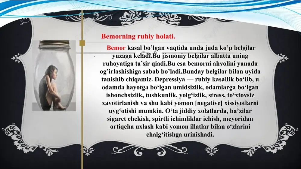 ressiv” tibbiyot bilan bog’liqligi. tib amaliyotida yatrogen kasalliklarga sabab bo 'ladigan 4 asosiy omilni nazarda tutish kerak: 1. bemorning anamnezini y’ig'ish. 2. bemorning ichki holatini o'rganish. 3. laborator tahliliga baho berish. 4. tashxis va kasallik oqibatini aniqlash. o'zaro muloqot chog'ida bemorning oldin boshidan kechirgan kasalliklariga ham katta ahamiyat berish zarur, shuningdek, kasallik etiologiyasini va patogenezini o'rganishda bemorni ta'sirlab qo'yishdan ehtiyot bo'lish kerak. ayniqsa, xavfii o'sma, yurak xastaligi va uyida, yaqinlarida ruhiy kasalligi mavjud bo'lgan bemorlarga nisbatan nihoyatda ehtiyotkorlik va muloyimlik bilan muomala qilish talab etiladi. bemorlarda qo`rquv holati hayotimizda ko‘p uchraydigan atamalardan biri «fobiya» ya’ni «qo‘rquv» haqida nimalar bilasiz! bu dardga o‘zi bilmagan holda mubtalo bo‘lganlar oramizda anchani tashkil etadi. ma’lumotlarga ko‘ra qo‘rquvning kam uchraydigan turlaridan biri klaustrofobiyaning o‘zidan dunyo aholisining 6-7% aziyat chekishmoqda. ... qo‘rquv patologik bo‘lmasa, ya’ni sog‘lik bilan biror jiddiy muammoni keltirib chiqarmasa, nevrotik qo‘rquv deb ataladi va uni davolash birmuncha oson. ruhiy xastalarda uchraydigan patologik qo‘rquv …