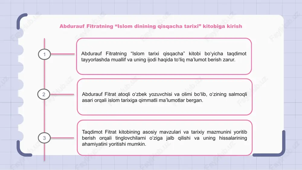 kademiklarning qarama-qarshi qarashlari ham bor. qarama-qarshiliklar islom tarixining nozik tabiatidan va fitrat kitobida tasvirlangan tarixiy voqealar bo'yicha turlicha istiqbollardan kelib chiqadi. xulosa: abdurauf fitratning asarining merosiga bardosh berayotgani haqida fikr yuritish abdurauf fitratning “islom tarixining qisqacha” kitobi bo‘yicha taqdimot tayyorlashda matndagi asosiy mavzu va xabarlarga e’tibor qaratish juda muhim. fitratning islom tarixiga oid tahlillari va uning o‘ziga xos qarashlarini o‘rganish tinglovchilarga qimmatli fikrlarni berishi mumkin. abdurauf fitrat ijodining bardavom merosi haqida fikr yuritish uning islom dinini anglashga qo‘shgan hissasini chuqurroq baholash imkonini beradi. e'tiboringiz uchun rahmat