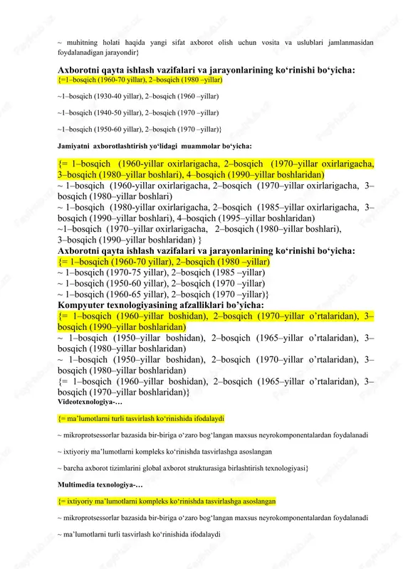 ch (1960-65 yillar), 2–bosqich (1970 –yillar)} kompyuter texnologiyasining afzalliklari bo’yicha: {= 1–bosqich (1960–yillar boshidan), 2–bosqich (1970–yillar o’rtalaridan), 3–bosqich (1990–yillar boshlaridan) ~ 1–bosqich (1950–yillar boshidan), 2–bosqich (1965–yillar o’rtalaridan), 3–bosqich (1980–yillar boshlaridan) ~ 1–bosqich (1950–yillar boshidan), 2–bosqich (1970–yillar o’rtalaridan), 3–bosqich (1980–yillar boshlaridan) {= 1–bosqich (1960–yillar boshidan), 2–bosqich (1965–yillar o’rtalaridan), 3–bosqich (1970–yillar boshlaridan)} videotexnologiya-… {= ma’lumotlarni turli tasvirlash ko‘rinishida ifodalaydi ~ mikroprotsessorlar bazasida bir-biriga o‘zaro bog‘langan maxsus neyrokomponentalardan foydalanadi ~ ixtiyoriy ma’lumotlarni kompleks ko‘rinishda tasvirlashga asoslangan ~ barcha axborot tizimlarini global axborot strukturasiga birlashtirish texnologiyasi} multimedia texnologiya-… {= ixtiyoriy ma’lumotlarni kompleks ko‘rinishda tasvirlashga asoslangan ~ mikroprotsessorlar bazasida bir-biriga o‘zaro bog‘langan maxsus neyrokomponentalardan foydalanadi ~ ma’lumotlarni turli tasvirlash ko‘rinishida ifodalaydi ~ barcha axborot tizimlarini global axborot strukturasiga birlashtirish texnologiyasi} neyrokompyuterli texnologiyalar-… {= mikroprotsessorlar bazasida bir-biriga o‘zaro bog‘langan maxsus neyrokomponentalardan foydalanadi ~ ixtiyoriy ma’lumotlarni kompleks ko‘rinishda tasvirlashga asoslangan ~ ma’lumotlarni turli tasvirlash ko‘rinishida ifodalaydi ~ barcha axborot tizimlarini global axborot strukturasiga birlashtirish texnologiyasi} internet texnologiyasi- …