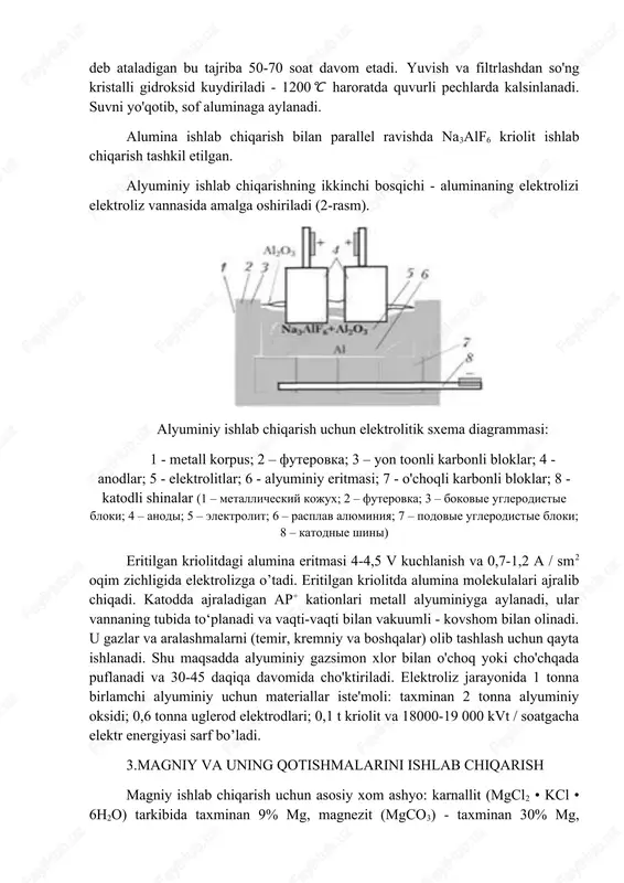 na3alf6 kriolit ishlab chiqarish tashkil etilgan. alyuminiy ishlab chiqarishning ikkinchi bosqichi - aluminaning elektrolizi elektroliz vannasida amalga oshiriladi (2-rasm). alyuminiy ishlab chiqarish uchun elektrolitik sxema diagrammasi: 1 - metall korpus; 2 – futerovka; 3 – yon toonli karbonli bloklar; 4 - anodlar; 5 - elektrolitlar; 6 - alyuminiy eritmasi; 7 - o'choqli karbonli bloklar; 8 - katodli shinalar (1 – metallicheskiy kojux; 2 – futerovka; 3 – bokovie uglerodistie bloki; 4 – anodi; 5 – elektrolit; 6 – rasplav alyuminiya; 7 – podovie uglerodistie bloki; 8 – katodnie shini) eritilgan kriolitdagi alumina eritmasi 4-4,5 v kuchlanish va 0,7-1,2 a / sm2 oqim zichligida elektrolizga o’tadi. eritilgan kriolitda alumina molekulalari ajralib chiqadi. katodda ajraladigan ap+ kationlari metall alyuminiyga aylanadi, ular vannaning tubida to‘planadi va vaqti-vaqti bilan vakuumli - kovshom bilan olinadi. u gazlar va aralashmalarni (temir, kremniy va boshqalar) olib tashlash uchun qayta ishlanadi. shu maqsadda alyuminiy gazsimon xlor bilan o'choq …