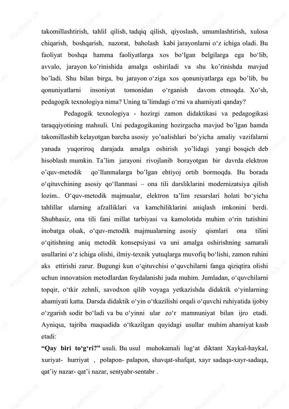 i taraqqiyotining mahsuli. uni pedagogikaning hozirgacha mavjud bo’lgan hamda takomillashib kelayotgan barcha asosiy yo’nalishlari bo’yicha amaliy vazifalarni yanada yuqoriroq darajada amalga oshirish yo’lidagi yangi bosqich deb hisoblash mumkin. ta’lim jarayoni rivojlanib borayotgan bir davrda elektron o’quv-metodik qo’llanmalarga bo’lgan ehtiyoj ortib bormoqda. bu borada o‘qituvchining asosiy qo‘llanmasi – ona tili darsliklarini modernizatsiya qilish lozim.. o‘quv-metodik majmualar, elektron ta’lim resurslari holati bo‘yicha tahlillar ularning afzalliklari va kamchiliklarini aniqlash imkonini berdi. shubhasiz, ona tili fani millat tarbiyasi va kamolotida muhim o‘rin tutishini inobatga olsak, o‘quv-metodik majmualarning asosiy qismlari ona tilini o‘qitishning aniq metodik konsepsiyasi va uni amalga oshirishning samarali usullarini o‘z ichiga olishi, ilmiy-texnik yutuqlarga muvofiq bo‘lishi, zamon ruhini aks ettirishi zarur. bugungi kun o‘qituvchisi o‘quvchilarni fanga qiziqtira olishi uchun innovatsion metodlardan foydalanishi juda muhim. jumladan, o‘quvchilarni topqir, o‘tkir zehnli, savodxon qilib voyaga yetkazishda didaktik o‘yinlarning ahamiyati katta. darsda didaktik o‘yin o‘tkazilishi orqali o‘quvchi ruhiyatida ijobiy o‘zgarish sodir bo‘ladi va bu o‘yinni ular …
