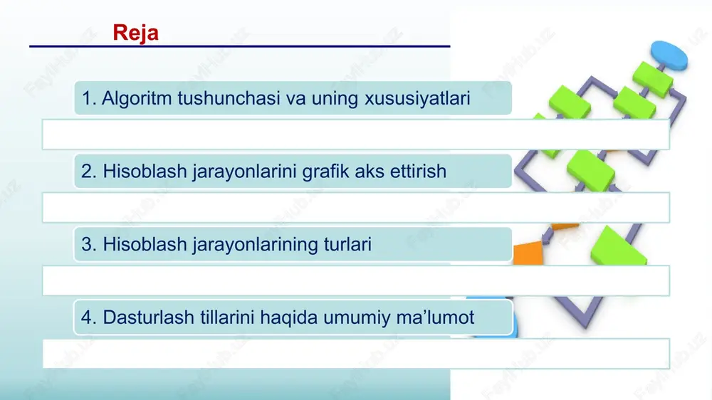 anda kaytadan tuzib chikilishi zarur emas. beysik ( basic - beginner's all purpose sumbolic instruction code) - boshlovchilar uchun ko’p maqsadli dasturlash tili, xisoblash algoritmlarini yozish uchun kullaniladigan algoritmik tildir. bu til 1965 yilda dartmut kolleji xodimlari kemini va kurslar tomonidan ishlab chikilgan. proseduraga muljallangan tillardan masalalarning matematik ifodalari, algoritmlar va dasturlash usullari bilan tanish bulgan mutaxassislar foydalaniladilar. bunda ulardan kompyuterning tuzilishini mukammal bilish talab kilinmaydi. muammoga muljallangan tillar kompyuterda masala yechish usullari va dasturlash usullari bilan tanish bulmagan foydalanuvchilar uchun yaratilgandir. foydalanuvchi masalani tariflashi, boshlangich malumotlarni berishi va natijani chikarishning talab kilingan kurinishini aytishi kifoya. algoritm xossalari va turlari algoritm xossalari aniq tushunarli ommaviy natijali diskret algoritm turlari chiziqli tarmoqlanuvchi takrorlanuvchi diskpetlik. algopitm ijrochisi masalani yechish jarayonini alohida va sodda qadamlar ketma-ketligini bajarish deb tushunishi kerak. tushunarlilik. buyruqlar ketma-ketligini qanday bajarishni aniq bilishi kerak. aniqlik. algoritmning har bir qoidasi, undagi amallar va buyruqlar bir ma'noli bo'lishi kerak. shu xossaga …