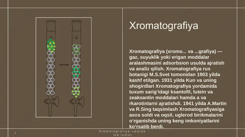 ametri 2mm kattalikda tirqish bo‘ladi. aniqlanuvchi modda qog‘ozga tomiziladi. tirqishga filtr qog‘oz o‘rnatiladi va erituvchiga solinadi. xromatogrammada hosil bo‘lgan dog‘lar 2 xil usulda ochiladi: kimyoviy va fizikaviy. 6 xromatografiyalash uslubi 20gg 8 xromatografiya uslubi kimyoviy usul. plastinkalar reaktivlar bilan purkaladi (purkagich yordamida) va rangli dog‘lar hosil bo‘ladi. plastinkalardagi dog‘lami yodning bug‘lari bilan ishlash yordamida ham aniqlash mumkin. fizikaviy usul. ba‘zi moddalar o‘z tarkibida xromofor guruhlarni saqlagani uchun ub-nurda tovlanadi (flyuoressensiyalanadi). agar moddalar tovlanmaydigan bo‘lsa, unda sorbent tayyorlanayotganda flyuoressen indikatori yoki zns qo‘shiladi. ba‘zida, masalan radioaktiv modda dog‘larini aniqlashda, sorbent qatlamidan erituvchi uchib ketganidan keyin unga fotosezgir plenka yoki qog‘oz yopishtiriladi, ma‘lum vaqt o‘tgandan keyin plenka yoki qog‘ozda radioaktiv moddalarning qora dog‘i hosil bo‘ladi. 7 xromatografiyalash uslubi 20gg 9 etiboringiz uchun rahmat 20gg image1.jpeg image2.jpeg image3.png image4.jpeg image5.png image6.jpeg thin layer chromatography