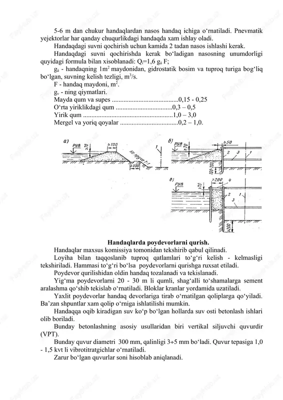 liy mintaqalarda muzli to‘siqlardan xam foydalansa bo‘ladi (3-4 m chuqurlikkacha). handaqlarni kovlash va suv qochirish ishlari. handaqlarni yuqorida ko‘rsatilgan to‘siqlar bilan to‘sib, tuprog‘i tuproq qazish mashinalari va gidromexanik vositalari yordamida kovlanadi. o‘rtacha zichlikdagi tuproqlarni pontonlarga o‘rnatilgan kranlar bilan greyfer yordamida qaziladi. (rasm 4) yuvilishi oson tuproqlarni tuproq surgich yoki gidroelevatorlar yordamida kovlash mumkin. bog‘lanmagan tuproqlarni erflit bilan suv qochirmasdan turib xam qazish mumkin. o‘ta zich qattiq tuproqlarni pnevmatik uskunalar yoki portlatgichlar yordamida yumshatilib, greyfer yordamida chiqariladi. 5-6 m dan chukur handaqlardan nasos handaq ichiga o‘rnatiladi. pnevmatik yejektorlar har qanday chuqurlikdagi handaqda xam ishlay oladi. handaqdagi suvni qochirish uchun kamida 2 tadan nasos ishlashi kerak. handaqdagi suvni qochirishda kerak bo‘ladigan nasosning unumdorligi quyidagi formula bilan xisoblanadi: qí=1,6 gâ f; gâ - handaqning 1m2 maydonidan, gidrostatik bosim va tuproq turiga bog‘liq bo‘lgan, suvning kelish tezligi, m3/s. f - handaq maydoni, m2. gv - ning qiymatlari. mayda qum va supes ........................................0,15 - 0,25 …