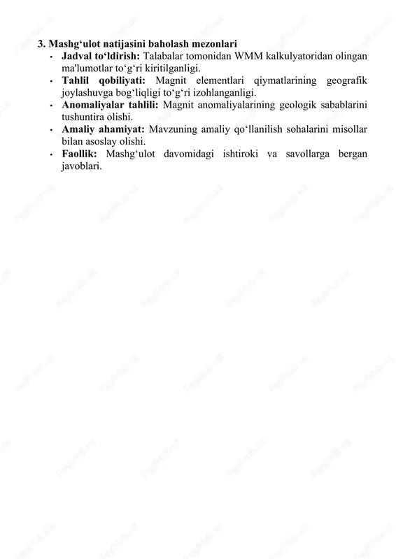 ntira olishi. · amaliy ahamiyat: mavzuning amaliy qo‘llanilish sohalarini misollar bilan asoslay olishi. · faollik: mashg‘ulot davomidagi ishtiroki va savollarga bergan javoblari.