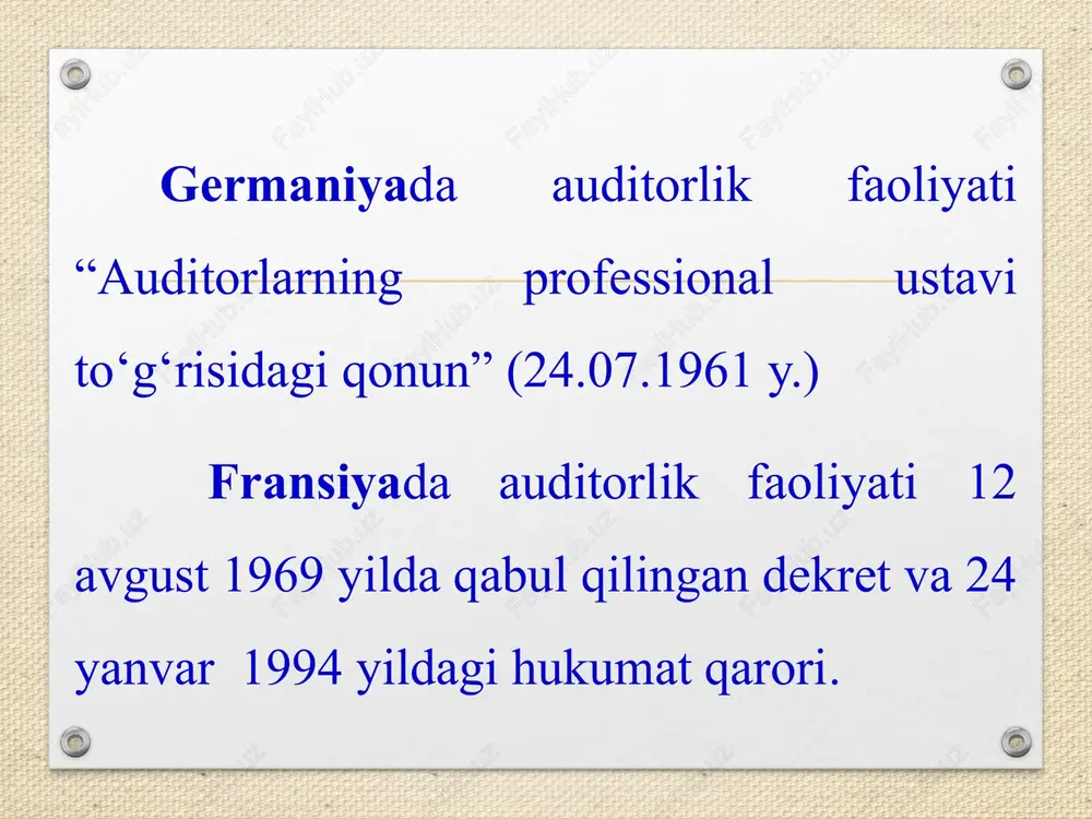 oshqalar auditning xalqaro standartlari (ias) moliyaviy hisobot xalqaro standartlari (ifrs) davlat tartibga solishi: -qonun hujjatlari; -tartibga solish funksiyalarini amalga oshiruvchi organlar auditorlik tashkilotlari va individual auditorlar : audit utkaziladigan sub'ekt faoliyatini urganadi; muximlik va auditorlik riskini baxolaydi; audit xajmi va utkazish vaktini aniklaydi; buxgalteriya xisobi va ichki nazorat tizimi urganadi xamda baxolaydi; dalillarni olish maksadida test va mustakil auditorlik amallarini utkazadi; moliyaviy xisobotni tekshiradi; fikr shakllantiradi va xisobot (xulosa) tuzadi. buxgalteriya hisobi va auditning milliy standartlari va nizomlari audit utkaziladigan sub'ekt: -buxgalteriya xisobi va ichki nazoratni tashkil etadi -moliyaviy xisobotni tuzish va takdim etishni ta'minlaydi. auditorlik xulosasi moliyaviy xisobot professional jamoat auditorlik birlashmalari axborotdan foydalanuvchilar: -iqtisodiy karorlar kabul kiladilar; -investitsiyalarni amalga oshiradilar 1.7- rasm. auditorlik faoliyatini huquqiy-me'yoriy tartibga solishning evro-osiyo modeli professional jamoat auditorlik birlashmalari: auditorlarni attestatsiyadan o'tkazadi; kasb va axloq me'yorlarini ishlab chiqadi; audit standartlari va me'yorlarini ishlab chiqadi; audit sifati ustidan nazoratni amalga oshiradi; auditorlik tashkilotlari va individual …