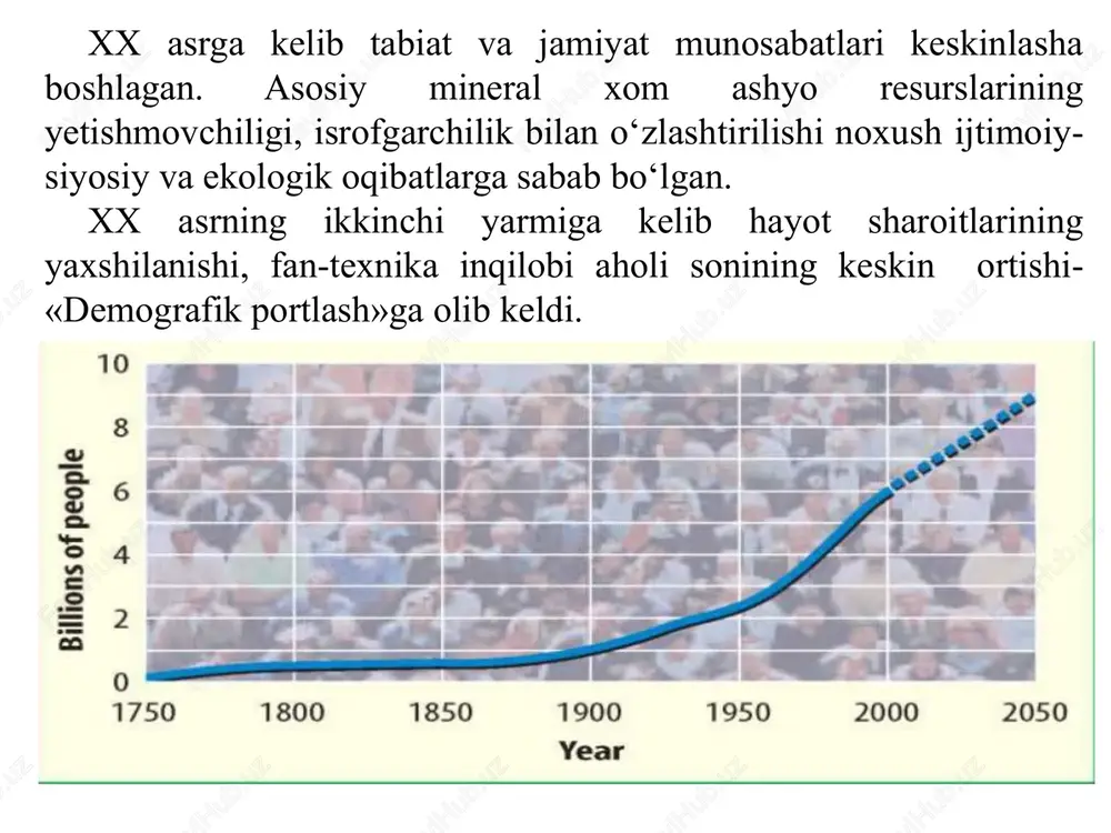 sh bo‘yicha kompleks tadbirlarni amalga oshirish; 4. respublika aholisini sifatli ichimlik suvi, oziq mahsulotlari, dori-darmonlar bilan taminlash; 5. ekologik toza va kam chiqitli texnologiyalarni joriy qilish; 6. ekologiya sohasida ilmiy-texnik salohiyatni oshirish, fan va texnika yutuqlaridan foydalanish; 7. aholining ekologik ta’limi, madaniyati, tarbiyasi tizimini rivojlantirish va takomillashtirishi; 8. ekologik halokatlar, ofatlar, favqulodda vaziyatlar, avariyalarning oldini olish va oqibatlarini tugatish; 9. ekologik muammolarni hal qilishda jahon hamjamiyati bilan hamkorlikni chuqurlatish va boshqalar. 5.2. atrof-muhit va demografik siyosat atrof-muhitni muhofaza qilish masalalari konstitutsiyaning 50, 54, 55 va 100-moddalarida berilgan. konstitutsiyaning 50-moddasida «fuqarolar atrof-tabiiy muhitga ehtiyotkorona munosabatda bo‘lishga majburdirlar» deb ta’kidlanadi. ushbu talabga ko‘ra o‘zbekistonning har bir fuqarosi atrof tabiiy muhitni muhofaza qilishi va tabiiy boyliklardan oqilona foydalanish talablariga to‘la amal qilishi shartdir. asosiy qonunning 54-moddasiga ko‘ra, jamiyatning iqtisodiy negizlaridan biri bo‘lgan mulkiy munosabatlar bozor iqtisodiyoti qonuniyatlariga mos ravishda e’tirof etiladi. lekin, mulkdor o‘z xohishicha egalik qilishi, foydalanishi va uni tasarruf yetishi hech …