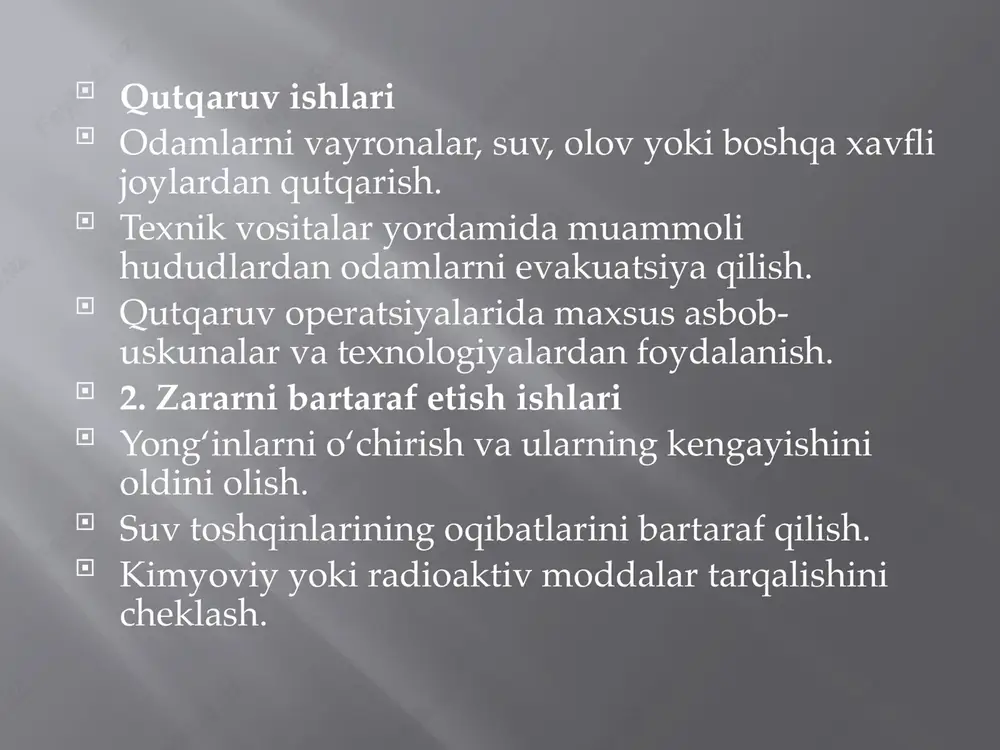 favqulodda hodisaga birinchi bo‘lib javob beruvchilarni zarur joyga yetkazish. evakuatsiya va yordam: aholini xavfsiz joyga olib chiqish, jabrlanganlarga tibbiy yordam ko‘rsatish. zararni bartaraf etish: yong‘inlarni o‘chirish, suv toshqinlarining oqibatlarini bartaraf etish, vayronalarni tozalash. axborot almashish: hodisa haqidagi ma’lumotlarni keng jamoatchilikka yetkazish. 6. favqulodda vaziyatdan keyingi qayta tiklash ishlari hududni tiklash: kommunikatsiyalarni, yo‘llarni va infratuzilmani qayta tiklash. ijtimoiy yordam: jabrlanganlarga moddiy yordam ko‘rsatish va ularni joylashtirish. tajriba tahlili: favqulodda vaziyatdan o‘rganilgan saboqlar asosida yangi reja va tadbirlarni ishlab chiqish. avariya-qutqaruv ishlarini tashkil etishda turli omillarni hisobga olish kerak. ushbu omillarni matematik formulaga asoslangan tarzda ifodalash mumkin. quyidagi formula avariya-qutqaruv ishlarini muvaffaqiyatli tashkil etishda asosiy omillarni ko‘rsatadi: formula: aqi = (t + j + r + x) × e ushbu formuladagi o‘zgaruvchilar: aqi - avariya-qutqaruv ishlarining umumiy samaradorligi. t - tezkorlik: hodisa joyiga vaqtida yetib borish va ishlarni boshlash (minutlar bilan o‘lchanadi). j - jabrlanganlarga yordam: jabrlanganlarni qutqarish va ularga birinchi yordam …
