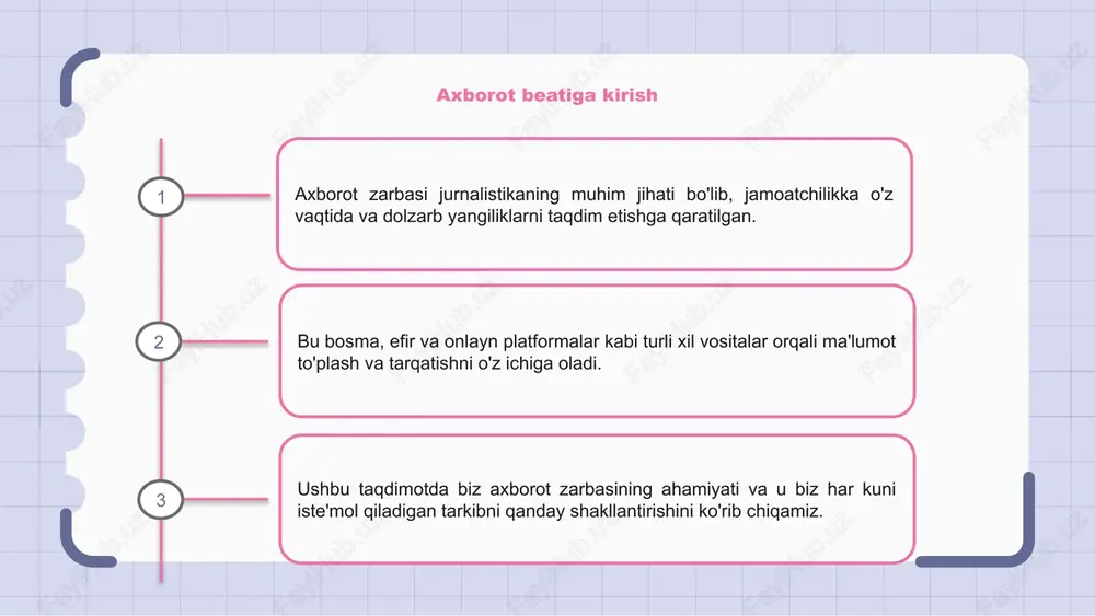 axborot zarbasining maqsadi auditoriyani xabardor qilish, o'qitish va jalb qilishdir. muvaffaqiyatni turli ko'rsatkichlar orqali o'lchash va yuqori sifatli kontentga e'tibor qaratish orqali kontent yaratuvchilari o'z maqsadlariga erishishlari va o'z o'quvchilariga qiymat berishlari mumkin. 1 2 3 ma'lumotni yaratishda axloqiy mulohazalar ustunlik qiladi axborot zarbasi uchun kontent yaratishda axloqiy jihatlarni hisobga olish juda muhimdir. bularga hisobot berishda aniqlik, adolatlilik va shaffoflik kiradi. jurnalistlar o'zlari tayyorlagan kontent o'z auditoriyasi uchun ishonchli va ishonchli bo'lishini ta'minlash uchun yuqori axloqiy me'yorlarga rioya qilishga intilishlari kerak. axloqiy me'yorlarga rioya qilgan holda, ma'lumotni yaratuvchilar o'zlarining hisobotlarida ishonchlilik va jamoatchilik ishonchini saqlab qolishlari mumkin va natijada jamoat manfaatiga xizmat qiladilar. axborot urish uchun kelajak istiqbollari axborot zarbasi doimo rivojlanib boradi, yangi mazmun va tendentsiyalar uning kelajak istiqbolini shakllantiradi. texnologiyaning rivojlanishi bilan biz ma'lumotni iste'mol qilish va almashish usullari ham o'zgarib bormoqda. ijtimoiy media platformalari va onlayn yangiliklar manbalari tobora ommalashib borayotgani sababli, ma'lumotlar ritmi yanada qulay va …
