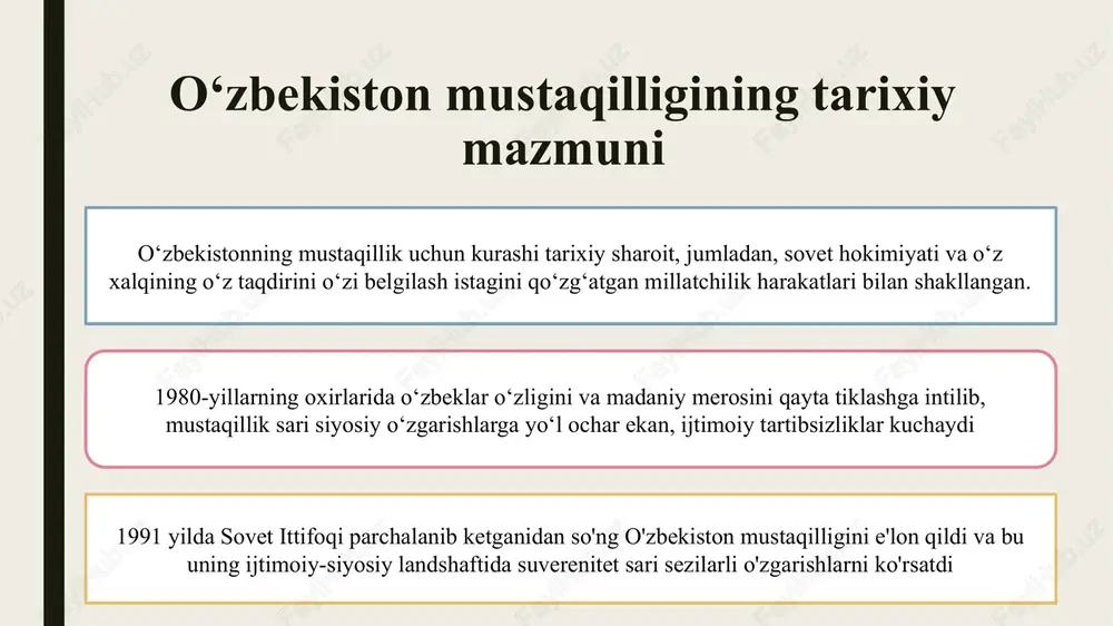 o‘zbekiston uchun burilish davri bo‘lib, uning ijtimoiy-siyosiy manzarasida muxtoriyat va o‘z taqdirini o‘zi belgilashning yangi davri boshlanganidan darak berdi zamonaviy o‘zbekistonda istiqlol merosi o‘zbekistonda ijtimoiy-siyosiy o‘zgarishlar mustaqillikka o‘tish davrini boshlab berdi. o‘z taqdirini o‘zi belgilash va o‘zlikni anglash uchun kurash mustaqillikning dastlabki yillarini belgilab berdi mustaqillik merosi zamonaviy o‘zbekistonni shakllantirishda davom etmoqda. millat madaniy merosni asrab-avaylash bilan birga kuchli, barqaror demokratiya qurish muammolari bilan kurashmoqda. islohot va taraqqiyot jarayonlari o‘zbekiston postsovet mustaqilligining murakkabliklarini bosib o‘tmoqda. mamlakat kelajagi uning o‘tmishi va bugungi voqeligi bilan belgilanadi e’tiboringiz uchun tashakkur image1.png image2.png image3.jpeg image4.jpeg image5.jpeg image6.jpeg image7.jpeg image8.jpeg /docprops/thumbnail.jpeg