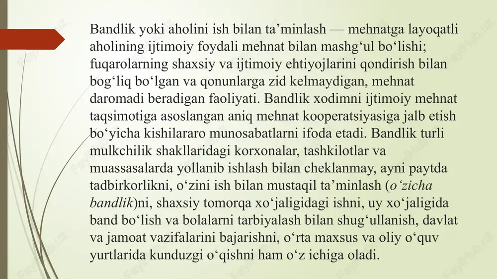 otlarida, 66,1 % esa nodavlat sektori obyektlarida, jumladan xususiy xoʻjaliklarda (2,7 %) ish bilan band edi. bozor iqtisodiyotiga oʻtish davrida mulkchilikning turli shakllari paydo boʻlishi tufayli nodavlat sektorida ishlovchilar soni ortib bordi. ularning bandligi 1994 — 96 yillarda 12 % ga ortdi. mehnatga layoqatli aholining ish bilan band boʻlmagan qismi ishsizlarni tashkil etadi iqtisodiy izlanish markaziga koʻra, hozirgi kunga kelib oʻzbekistonning ish siyosati modeli oʻz samarasini yoʻqotib bormoqda va mamlakatning mehnat bozorida murakkab vaziyat paydo boʻlgan. birinchidan, yaratilgan ish oʻrinlari soni yetarli emas, yaratilgan ish oʻrinlarining aksari boʻlsa barqaror emas. 1991-2011-yillarda aholining mehnatga layoqatli qismi ulushi 50% dan 61,1% ga oʻsdi. shu vaqtning oʻzida mehnatga layoqatlilarning ish bilan band qismi ulushi 81,6% dan 66,9% ga kamaydi. bundan tashqari, ish oʻrinlarning beqarorligi oʻsib bormoqda: yaratilgan yangi ish oʻrinlarining 30 % yoʻqotilmoqda. urbanizatsiya jarayonining tezlashayotgani sabab shahar mehnat bozorlarida keskinlik oʻsib bormoqda ikkinchiddan, nokorporativ sohaning (individual mehnat faoliyati, uydagi mehnat va yuridik …