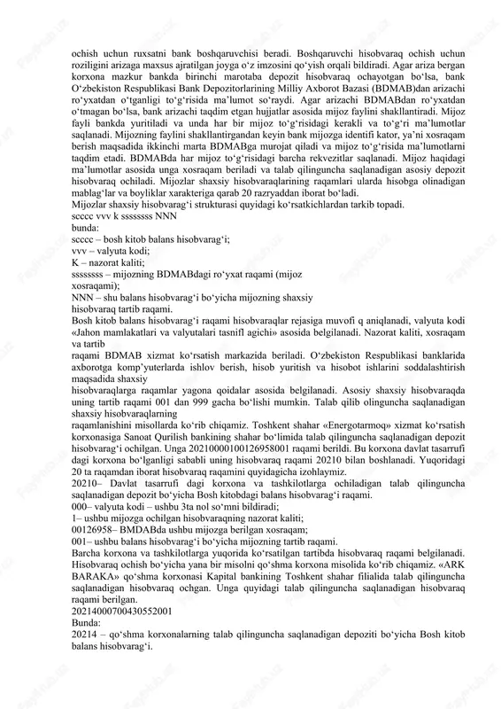 o‘lovchiga biriktirilgan identifi katsiya raqami, xo‘jalikning tashkiliy huquqiy shakli, pochta manzili, yuridik shaxs kodi kabi rekvizitlari ko‘rsatiladi. barcha tashkilotlar, shuningdek, ularning xo‘jalik hisobida ishlamaydigan bo‘linmalariga hisobvaraq ochilayotganida ular bankka imzolar va muhr izi namunalari qo‘yilgan varaqchalarni ikki nus xa da topshiradilar. uning bir nusxasi mas’ul ijrochida, ikkinchi nusxasi esa kassa operatsiyalari bo‘yicha nazoratchida saqlanadi. ushbu kartochkalarda korxona va uni yuqori tashkilotining nomi, manzilgohlari, bank muassasasining nomi, manzilgohi, korxona rahbar shaxslarining to‘liq ismi-sharifi ko‘rsatilib, ularning imzolari namunasi, shuningdek, korxona gerbli muhri namunasi tushiriladi. imzolar va muhr izi namunasi notarial yoki yuqori tashkilotlar tomonidan tasdiqlanadi. birinchi imzo huquqi hisobvaraq ochtirayotgan tashkilot rahbariga, shu bilan u vakolat bergan mansabdor shaxslarga beriladi. ikkinchi imzo huquqi bosh buxgalterga va tegishli vakolat olgan shaxslarga beriladi. birinchi va ikkinchi imzo huquqini olgan shaxslar imzolar va muhr izi namunalari varaqchasida u tuzilayotgan vaqtda ko‘rsatiladi. birinchi imzo huquqidan ikkinchi imzo huquqi berilgan bosh buxgalter va boshqa shaxslar foydalanish mumkin …