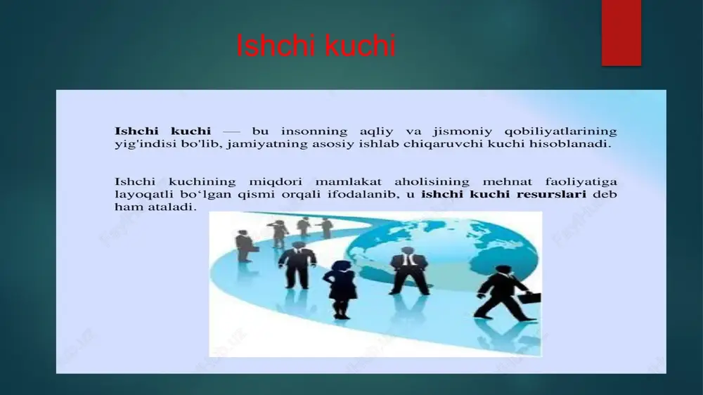 (yangi yashash joyiga oʻtish, kasbni oʻzgartirish, bola boqish, yangi ish tanlash) vaqt-vaqti bilan ishsiz qolish. bu ixtiyoriy ishsizlik hisoblanadi. tarkibiy ishsizlik — ishlab chiqarish tuzilmasi oʻzgartirilgan sharoitda eski tarmoqlarda ishlab kelgan kishilarning yangi tarmoqlarga kerak kasbni hali oʻzlashtirmagan kezlarida yuz beradi. siklli ishsizlik — iqtisodiy tangliklar bilan bogʻliq boʻlib, ishlab chiqarishning pasayib ketishi natijasida yuzaga keladigan ishsizlik bu majburan ishsiz qolishdir. mavsumiy ishsizlik — mavsumiy ishda band boʻlganlarning mavsum tugagach, ishsiz qolishi. yashirin ishsizlik — rasman ish bilan band boʻlganlarning faqat qisman ishlashi. unga qisqartirilgan ish kuni yoki ish haftasiga oʻtganlar, ish yoʻqligidan haqberilmaydigan taʼtilga chiqqanlar kiradi. ishsizlar ishlayotganlar bilan bir qatorda mamlakat ish kuchini tashkil qiladi. iqtisodiyotda ishsizlik muammosini oʻrganishdan asosiy maqsad aholining ish bilan bandligini yaxshilash orqali mamlakat (korxonalar) i.ch. ni kengaytirish va aholi turmush darajasini yanada yaxshilashga aloqador tadbirlar ishlab chiqishdan iboratdir. etiboringiz uchun rahmat image6.png image7.jpg image8.jpg image9.jpg image10.jpg image11.jpg image12.jpg image13.jpeg image14.jpeg image15.jpeg image16.jpeg image17.jpeg …
