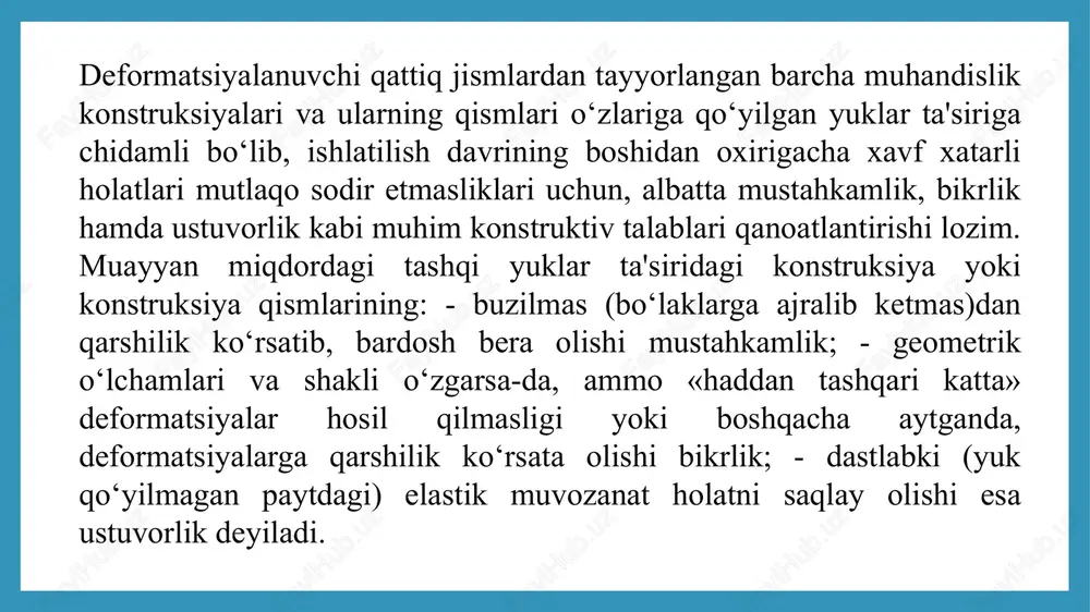 vertikal sterjenlari ustun, gorizontal sterjenlari esa rigel deyiladi. uchala o‘lchamlari mos ravishda bir – birlaridan taxminan 810 martagacha farq qiluvchi jismlarga yupqa devorli sterjen deyiladi (i.4-shakl). qalinligiga nisbatan qolgan ikkita o‘lchamlari katta bo‘lgan va tekis parallel sirtlar bilan chegaralangan jismga plita yoki plastina deb ataladi (1.5 a-shakl) agar bu jismlar egri sirtlar bilan chegaralansa, ularga qobiq deyiladi (1.5 b-shakl). imorat qavatlari orasini yopuvchi temir – beton plitalar hamda qobiqlarga misol bo‘luvchi turli me'morchilik gumbazlari qurilishda juda ko‘p uchraydi. uchala o‘lchamlari ham bir xil tartibda bo‘lgan jismga vazmin jisim deyiladi (i.6-shakl). binoning asosi, devor damba, ko‘prik tayanchi va shu kabilar vazmin jismlarga misol bo'ladi. bu fanning o‘rganish va tadqiqot mavzui asosan, tekshirilayotgan obyektlarning kesimlarida tashqi kuchlar ta'siri natijasidu paydo bo‘luvchi ichki kuchlar, kuchlanishlarni hamda ularning deformatsiyalari, ko‘chishlarini aniqlashdan iborat. foydalanilgan adabiyotlar ro‘yxati. 1. a. nabiyev. materiallar qarshiligi. toshkent 2008 – yil. 2. b. qoraboyev. materiallar qarshiligi. toshkent 2007 – yil. 3. …