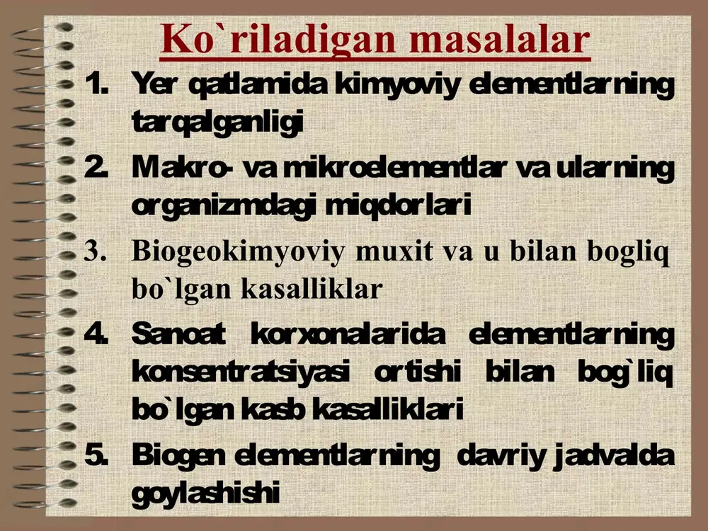 sh bilan zaxarlanganda – argiriya berilliy bilan zaxarlanganda – berillioz kremniy bilan zaxarlanganda - silikoz biogen elementlarning turlari organogen elementlar – organizmning asosiy massasini tashkil qiluvchi elementlar: h, o, n, c, p (s), ca essensial elementlar – hayotiy zarur elementlar: h, o, n, c, p (s), ca, na, k, cl, mg, fe, f, i, mn, co, ni, cu, zn, mo, cr va boshqalar. noorganogen elementlar – ma`lum miqdorda organizmda bo`lib, biologik funksiyasi to`liq o`rganilmagan, ko`payib ketishi organizmni zaharlaydi: ba, sr, hg, pb, as, bi, cd, sb va b.