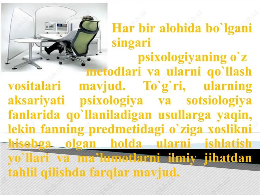sub’ektiv bir-birini tushunishiga qaratilgan barcha qonuniyatlar ishlaydi. shunga qaramay juda ko`p psixologik ma’lumotlarni to`plashda so`rov metodlari eng qulay usullar sifatida ishlatib kelimoqda. so`rov metodlari psixologik tadqiqotlarda keng qo`llaniladi, ayniqsa, anketa so`rovi va intervyu shular jumlasiga kiradi. bu metodlarni qo`llashda qator metodologik qiyinchiliklar vujudga keladi: 1)-doim shaxslararo munosabatlar, o`zaro ta’sir shakllari mavjud. 2)-tadqiqotchini sub’ektiv munosabatlarini ham inkor qilib bo`lmaydi. a n k e t a metodi hamma tanish bo`lgan usullardan biri lekin ko`pincha anketa o`tkazgan odamning uning tuzilishi qanchalik qiyinligi yoki olingan ma’lumotlarni qayta ishlash ularni to`g`ri sharxlash qanchalik qiyin ekanligini tasavvur qilmaydi. anketaga kiritilgan savolar ma’lumotiga ko`ra anketa ochiq va yopiq turlarga bo`linadi. ochiq anketa restondentdan o`z fikrini erkin bayon etishni talab qiladi. yopiq shakldagi anketa savollarining esa javoblari oldindan berilgan bo`lib tekshiriluvchi o`ziga ma’qul bo`lgan, o`zining qarashlari fikrlari bilan mos kelgan javobni belgilab beradi. ochiq savollarning kamchiligi-respondentlarning har doim ham qo`yilgan vazifaga yetarli darajada mas’uliyat bilan qaramasliklari hamda berilgan …