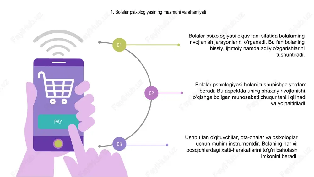 rilishi lozim. d b a 8. bolalar psixologiyasini o‘rganishning dolzarbligi bolalar psixologiyasi bugungi kunda pedagogika va tibbiyot sohalarida katta ahamiyat kasb etmoqda, chunki bolalarning psixik rivojlanishi muhim omildir. 01 02 03 zamonaviy jamiyatda bolalarning ijtimoiylashuvi, emotsional barqarorligi va kognitiv rivojlanishini tushunish dolzarb muammolarni hal etishda yordam beradi. ilmiy asoslangan psixologik yondashuvlar bolalar tarbiyasi, maktabdagi muvaffaqiyati va mohiyatli muloqotni shakllantirishda muhim rol o‘ynaydi. e’tiboringiz uchun rahmat image1.png