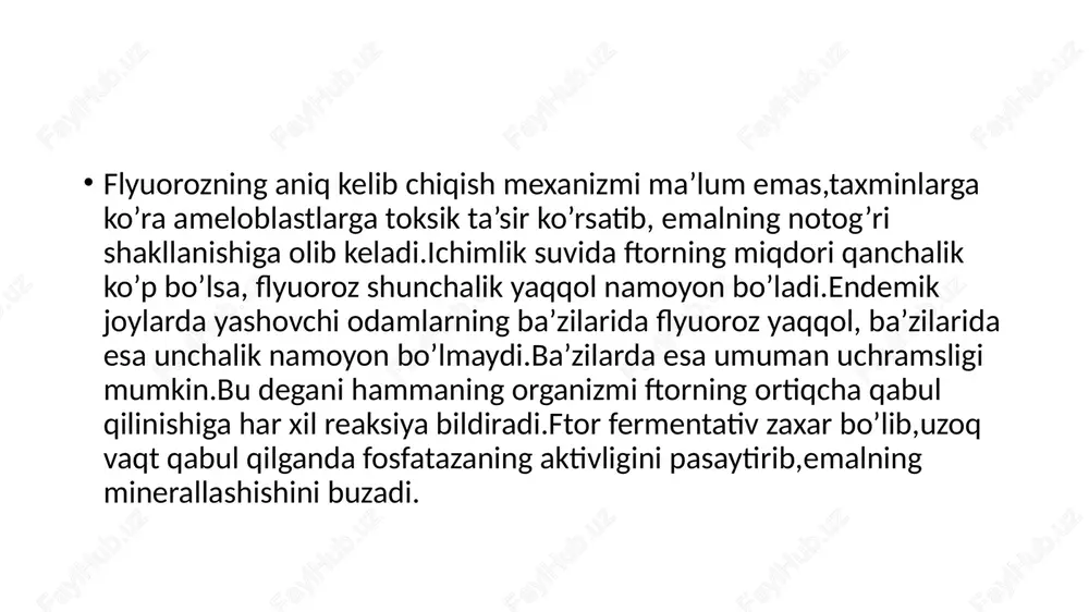 eroziv formasida pigmentlashgan emal fonida tishning ko’p qismida emalning umuman bo’lmasligi eroziya shaklida kuzatiladi.eroziv shaklida emal va dentinning to’liq yemirilishi kuzatiladi. destruktiv formasida tish tojining eroziyali yedirilishi va yemirilishi natijasida shaklini buzilishi kuzatiladi.destruktiv shakli suvdagi ftorning miqdori 5mg/l dan ortiq bo’lganda kuzatiladi.bu shaklida mo’rt, sinuvchan bo’lib qoladi.tish yuzasining ochilishi ikkilamchi dentin hosil bo’lishi hisobiga sodir bo’lmaydi. patologik anatomiyasi. klinik kechishiga qarab har xil bo’ladi.chiziqli va dog’li bosqichlarida yuza qavatlarida har xil shakldagi va o’lchamdagi o’zgarishlar kuzatiladi.gunter-shreder chiziqlari yaqqol namoyon bo’ladi.retsius liniyalari ham yaxshi ko’rinadi.emal yuzasida chiqqan tepaliklar va chuqurchalar ko’rinadi.dentin-emal bog’lanish tishsimon shaklda,prizmalar aro bo’shliqning kattalashishi,emal przimalarining qisman rezorbsiyasi,gipo va gipermineralizatsiya o’choqlarining paydo bo’lishi bilan kuzatiladi.mikroskopik tekshirilganda flyuoroz dog’larida tashqi qavatning zichligini pasayishi(mineralizatsiyaning pasayishi natijasida),emalning pigmentatsiyaga uchrashi kuztiladi.yengi shaklida gidrooksaapatit kristallarining yaqqoligi,og’ir shaklida esa strukturaning aniqligini pasayishi kuzatiladi. differensial diagnostikasi.kareis bilan o’tkaziladi.kariesda yakka dog’lar kariesga xos joylarda bo’yin oldi qismi,kontakt yuzalarda uchraydi.flyuorozda esa ko’plab vestibulyar va oral yuzalarda uchraydi.flyuorzo tish …