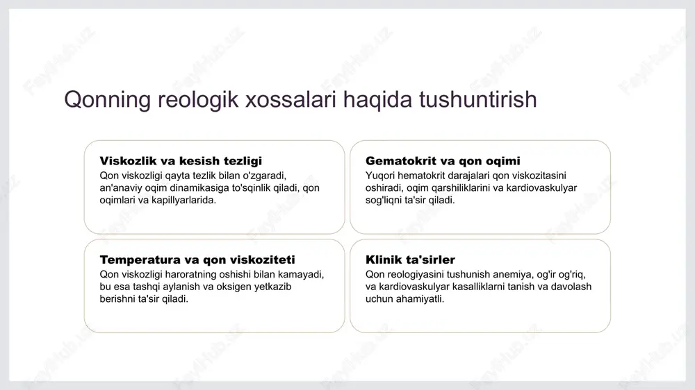 hini ta'sir qiladi. anomaliya qon oqim shakllari, masalan, turbulentlik yoki stazis, qalb kasalligi, insult xavfi yoki o'sish xavfi signal qilishi mumkin. qonning reologik xossalari chuqur ven trombozi yoki pulmonal emboliya kabi qon to'qish xavfi turlarini aniqlashda asosiy ahamiyatga ega. molekulyar og'irlik tarqalishi va polimer eritma xossalari molekulyar og'irligi tarqalishi polimerda molekulyar ogirligining tarqalishi uning mexanik xossalari va ishlash xulqini ta'sir qiladi, masalan, keng molekulyar og'irlik tarqalishi polietilen materiallarda yengil zuluk qobiliyatiga olib kelishi mumkin. polimer eritma xossalari polimerning eritma xossalari, masalan, eritma oqim tezligi va eritma viskoziteti, uning ishlab chiqarilishi va oxirgi foydalanishiga ta'sir qiladi, masalan, injektsiya qilish uchun yuqori eritma qon aylanish dinamikasi va reologik ta'siralar qonning oqim dinamikasi qonning aylanish dinamikasi, bosqich va tezlik kabi faktorlar tomonidan ta'sir qilingan qon o'tkazishini anglatadi. viskozlik va qayish kuchlari qon viskozligi va qonning kesishuv kuchlari qon oqimining ichida qarshi turishni aniqlashda aham rol o'ynaydi va umumiy sirkulyatsiyani ta'sir qiladi. hemodinamik xavotirlar …
