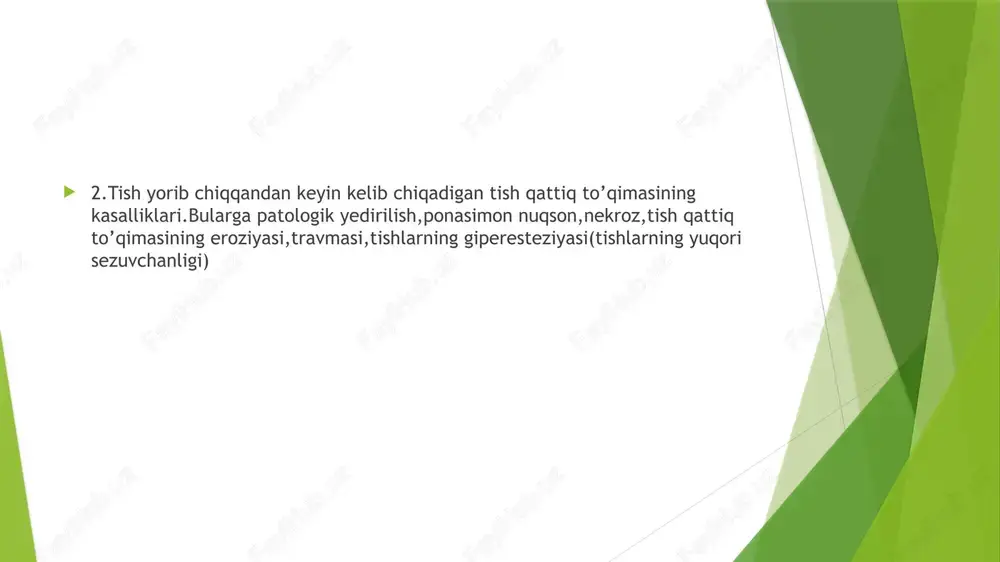 onli o’zgarishlarda faqat bo’rsimon dog’lar kuzatilib, kasalliklarning og’ir o’tishi natijasida esa emalning rivojlanmasligi yoki uning to’liq bo’lmasligi(emal aplaziyasi) kuzatilishi mumkin. sistemali shikastlanishlardan tashqari yakka shikastlanishlar(bir-ikkita tishlarda) ham kuzatilishi mumkin.bu mahalliy gipoplaziya deyiladi.bu holat moddalar almashinuvining buzilishining lokalizatsiyalangan doimiy tishlar murtaklariga yaqin qismidagi sut tishlarning ildizlaridagi yallig’lanish jarayonlari natijasida kelib chiqadi.mahalliy gipoplaziya kichik oziq tishlarida uchraydi,chunki ularning murtaklari sut molyarlarning ildizlari orasida joylashgan bo’ladi.shundan kelib chiqib gipoplaziyani mahalliy va sistemali turlari bor. sistemali gipoplaziya.klinik kechishiga ko’ra gipoplaziyani 3 ta formasi farq qiladi: 1.emal rangini o’zgarishi 2.emalning rivojlanmasligi 3.emalning yo’qligi emal rangining o’zgarishi bir xil guruh tishlardagi har xil shakldagi simmetrik joylashgan oq dog’ ko’rinishida namoyon bo’ladi.bo’rsimon dog’lar tishlarning vestibulyar yuzasida uchraydi.dog’larning xarakterli xususiyati shundaki, emalning tashqi qavati silliq, yaltiroq bo’lib,bo’yoqlar bilan bo’yalmaydi.hayot davomida dog’lar o’zining rangini,shaklini,o’lchamini o’zgartirmaydi. emal gipoplaziyasining og’ir formasi emalning rivojlanmasligi bilan kechadi(to’lqinsimon,nuqtali,egatchali emal kabi) to’lqinsimon emal oddiy ko’rikda aniqlanmasligi mumkin,ammo yuzasi quritilganda va yaxshilab qaralganda kichik valiklar uchraydi, …