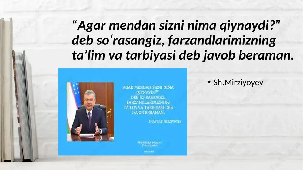 iqtisodiy tarbiyaga bo'linadi. tarbiyaning quyidagi turlari mavjud: ma’naviy tarbiya; estetik tarbiya; huquqiy tarbiya; fuqarolik tarbiyasi; aqliy tarbiya; ekologik tarbiya; jinsiy tarbiya. axloqiy tarbiya; iqtisodiy tarbiya; diniy tarbiya; jismoniy tarbiya; mehnat tarbiyasi; nazorat uchun savol va topshiriqlar 1. keng va tor ma’nodagi tarbiya tushunchalariga izoh bering. 2. tarbiya mazmuni deganda nima tushiniladi? 3. tarbiyaning maqsadi va umumiy vazifalarini bayon eting. 4. tarbiya jarayoni qanday o‘ziga xos xususiyatlarga ega? 5. tarbiya qonuniyatlarini sharhlab bering. 6. tarbiya tamoyillarini izohlang. 7. tarbiya turlarining umumiy tavsifini bayon eting kalit so’zlar:tarbiya, tarbiya maqsadi,tarbiya tamoyillari,tarbiya mazmuni,uzluksizligi, foydalanilgan adabiyotlar: 1. b.x.xodjayev “umumiy pedagogika nazariyasi va amaliyoti”. darslik. - t.: «sano-standart» nashriyoti, 2017-yil, 125-bet. image1.jpeg image2.jpeg /docprops/thumbnail.jpeg