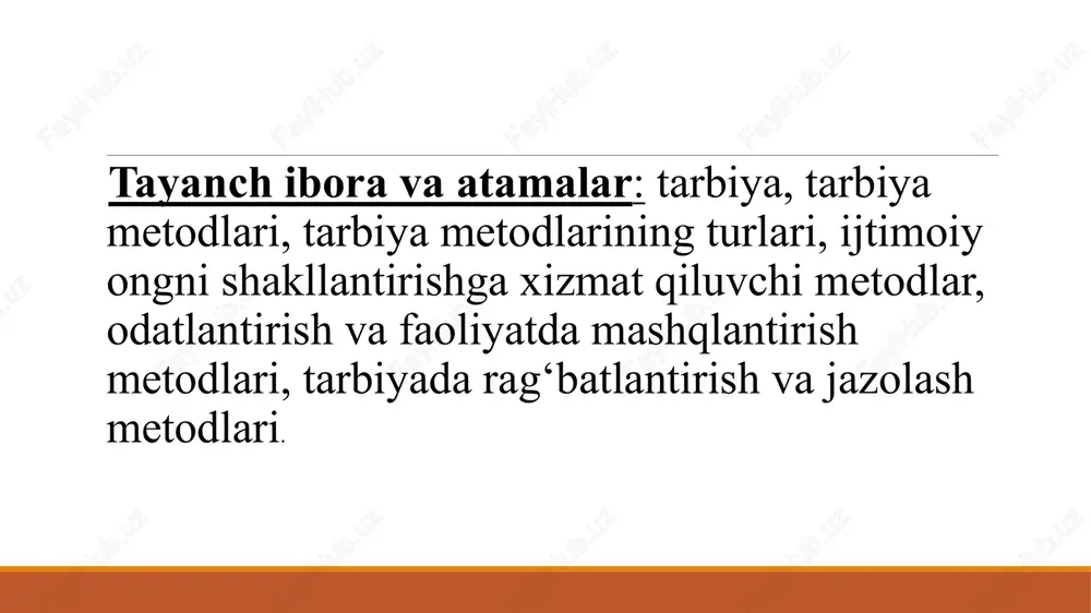 kin. biroq har bir bosqichda mazkur sifatni shakllantirish borasida turli metodlar qo‘llaniladi. 4. jamoaning shakllanganlik darajasi. o‘zini o‘zi boshqarishning jamoa shaklining rivojlanishi bilan bog‘liqlikda pedagogik ta’sir ko‘rsatish metodlari ham o‘zgarmasdan qolmaydi. bizga ma’lumki boshqaruvning moslashuvchanligi tarbiyachining tarbiyalanuvchilar bilan muvafaqqiyatli hamkorligining zaruriy sharti. 5. tarbiyalanuvchilarning individual o‘ziga xosliklari. umumiy metodlar, umumiy dasturlarning o‘zi tarbiyaviy o‘zaro ta’sir etishning asosi bo‘la olmaydi. ularni indivudual va shaxsiy tuzatish zarur. insonparvar pedagog har bir shaxs o‘ziga xosligini rivojlanishiga, o‘ziga xosligini saqlashga, o‘zining «men»ini amalga oshirishiga imkon beradigan metodlarni qo‘llashga harakat qiladi. 6. tarbiyaviy shart-sharoitlar. unga moddiy, psixofiziologik, sanitar-gigienikdan tashqari sinfda yuzaga keladigan munosabatlar: jamoadagi iqlim, pedagogik rahbarlik usuli va boshqalar tegishlidir.ma’lumki, mavhum shart-sharoitlar bo‘lmaydi, ular hamisha aniq. ularni birlashuvi aniq holatlarda ko‘rinadi. tarbiya amalag oshadigan sharoit pedagogik vaziyatlar nomini oldi. 7. tarbiya vositalari. tarbiya metodlari tarbiya jarayonining tarkibiy qismlari sifatida yuzaga chiqadigan tarbiya vositalaridan tashkil topadi. metodlar ular bilan mustahkam bog‘langan va birgalikda qullaniladigan boshqa …