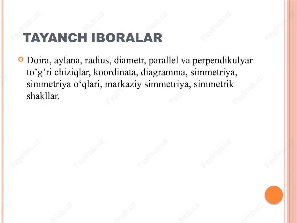 malar doiraviy diagtammalar diagtamma tuzish boshlang‘ich sinflarda simmetriya tushunchasi bilan tanishish. simmetriya — yunoncha so‘zdan olingan bo‘lib, o‘lchovdosh degan ma’noni anglatadi. kundalik hayotimizda simmetriyaga juda ko‘p uchraymiz. masalan, daraxtlarning barglari, qushlar va hasharotlar qanoti, hayvonlarning quloqlari, oyoqlari, tuyoqlari va hakozo. simmetriya-bir butun narsani tashkil etuvchi qismning markaziy o‘qi. o’q simmetriya topshiriq jadval va diagrammalar bilan ishlash texnologiyasi. simmetriya o‘qlarini topish ustunli diagrammalar darsliklar tahlili ( 4-sinf) adabiyotlar 1. djumayev m. matematika o‘qitish metodikasi. (oo‘yu uchun darslik) toshkyent. “bayyoz”, 2022 yil. 209-216 b. 2.jumayev m. matematika o‘qitish metodikasi. (oo‘yu uchun darslik) toshkent. “turon-iqbol” 2016 yil. 170-174 b. 3. matematika darsligi , 2-4 sinflar, 2022 yil image2.png image3.gif image4.png image5.png image6.png image7.png image60.png image70.png image8.png image8.jpeg image10.png image11.png image12.png image9.png image13.png image100.png image110.png image14.png image15.png image16.gif image17.png image18.png image19.png image20.png image21.jpeg image22.jpeg image23.png image24.png oleobject1.bin image25.png image26.png oleobject2.bin image27.png oleobject3.bin image28.png oleobject4.bin image29.png oleobject5.bin image30.png image31.png image32.png image33.png image34.png image35.png image36.png image37.png …