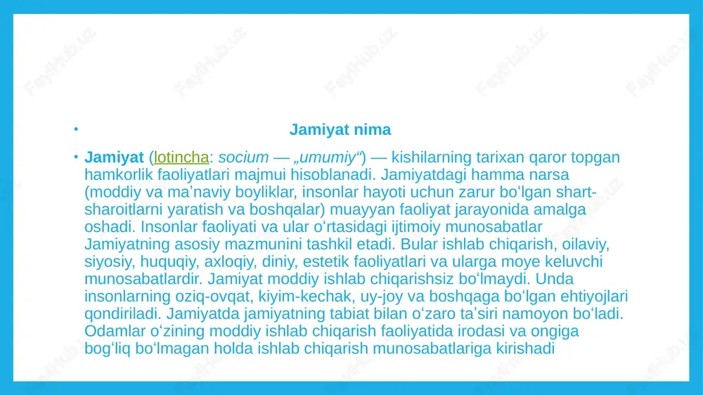 diniy tashkilotlar, shuningdek, siyosiy maqsadlarni koʻzlovchi barcha tashkilot va harakatlarni oʻz ichiga oladi. jamiyatning siyosiy tizimining bosh bugʻini davlatdir. davlat jamiyatning ijtimoiy muassasalari huquqlari va qonuniy manfaatlariga rioya etilishini taʼminlaydi, ularga ijtimoiy hayotda ishtirok etish uchun teng huquqiy imkoniyatlar yaratad siyosiy tizim — davlat ichki tuzilishi jihatlarining oʻzaro aloqalari va taʼsirining eng muhim, doimiy xususiyatlarini ifodalovchi ijtimoiy-siyosiy munosabatlar tizimi ham boʻlib, siyosiy hokimiyatni, umuman davlat muassasalari tizimini va ularning asosiy tashkiliy shakllarini belgilab beradi. siyosiy tizim har bir mamlakatning mavjud shart-sharoitlari bagʻrida shakllanadi, odatda, mamlakat konstitutsiyasida va boshqa qonun hujjatlarida mustahkamlab qoʻyiladi. jamiyat demokratlasha borgan sari siyosiy tizimning xilma-xil koʻrinishlari oʻz faoliyatini namoyon eta boradi. xalqning keng qatlami va turli yosh, kasb hamda soha vakillarining bu tizimda ishtirok etish imkoniyati kuchayadi. oʻzbekistonning siyosiy tizimi oʻzbekiston respublikasining konstitutsiyasida, shu asosda qabul qilingan qonunlar hamda boshqa rasmiy hujjatlarda oʻz ifodasini topgan, hokimiyatni qonun chiqaruvchi hokimiyat, iekro etuvchi hokimiyat va sud hokimiyatita taqsimlash …