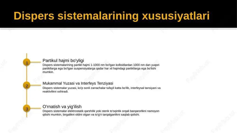 i tizimda bir necha sifatli tizimda bir necha sifatli t piyozlar, qazning sivoy yoki qatirma ichida tarqalgan tashqi tizimdir, masalan, qaymoq yoki penuar izolyatsiyasi kabi. emulsiyalarning va pinalarning fizika-kimyoviy tushunchalari, ovqat, kosmetika va farmatsevtika kabi turli sanoatlar uchun zarurdir. dispers sistemalarining barqarorligi 1 barqarorlikka ta'sir qiladigan faktorlar dispers sistemalarining barqarorligi zarrin kattaligi, yuzasi to'liq, va stabilizatorlar mavjudligi kabi omillar tomonidan ta'sir qilinadi. 2 metodlar ustida ustalikni oshirish metodlar, masalan, poverkhnost aktiv moddalar qo'shish, emulsiyalash vositalaridan foydalanish va ph ni boshqarish dispers sistemalarining barqarorligini oshirish uchun qo'llanilishi mumkin. 3 ariza qilishlarda barqarorlikning ahamiyati o'zgaruvchan dispers sistemalar, dori vositalari, ovqat va kosmetika sanoatlarida mahsulot sifati va samaradorligini ta'minlash uchun juda muhimdir. koagulyatsiya va flokkulyatsiya 1 su aralashuvdagi koagulyatsiya koagulyatsiya suvga alum yoki ferric chloride kabi kimyo vositalarini qo'shishni o'z ichiga oladi, bu esa zaryadlarni neutralizatsiya qiladi va partikllarni bir-biriga to'plab qo'yadi. 2 flokkulyatsiya jarayoni flokkulyatsiya, suvdan ko'proq oson tashlanadigan katta, og'ir floklarni …