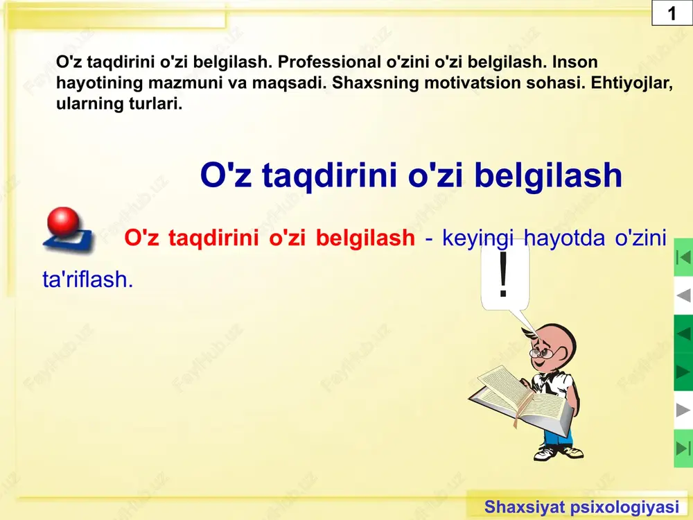 roiqlimi b 2 mehnat sharoitlari (kasblar guruhlari) bo'yicha kasblar dunyosi ochiq havoda haqida g'ayrioddiy sharoitlar n ma’naviy mas’uliyatni oshirdi m qo'l mehnati kasblari r mehnat vositalari (asboblari) bilan (kasblar bo'limlari) mexanizatsiyalashgan mehnat kasblari m avtomatlashtirilgan mehnat kasblari a funktsional vositalarga ega bo'lgan kasblar f gnostik g ish maqsadi bo'yicha (kasb sinflari) transformativ p tadqiqot va inson - tabiat p ish mavzusi bo'yicha (kasblar turlari) odam - texnologiya t odam - erkak h odam belgisi tizimi z inson - badiiy obraz x 3 mehnat maqsadi mehnatning maqsadi - faoliyat natijalarini (ko'zlangan natija) prognozlash va rejalashtirish. kasblar dunyosi 2 kasblar dunyosi kasblar turlari bo'yicha etakchi mehnat sub'ektlari kasblar turi mehnatning etakchi sub'ektlari odam odam ijtimoiy tizimlar, jamoalar, aholi guruhlari, turli yoshdagi odamlar (sotuvchi, o'qituvchi, shifokor, sartarosh va boshqalar) inson - texnologiya uskunalar yoki jonsiz tabiat (mexanik, texnik, muhandis va boshqalar) inson imo-ishora tizimidir tabiiy va sun'iy tillar, raqamlar, belgilar, formulalar, ya'ni. turli …