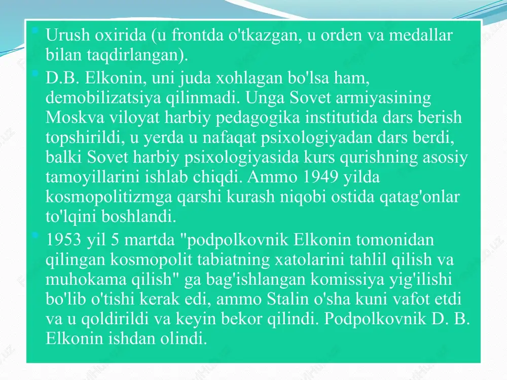 ab chiqish va joriy etish edi. shuningdek, d. b. elkoninning bir nechta maqolalari l. s. vygotskiyning qarashlarini tahlil qilishga bag'ishlangan. daniil borisovich o'z asarlarida insonning madaniy va tarixiy rivojlanishi g'oyasiga tayangan, shuning uchun elkoninning sakkizta nazariy asarida l. s. vygotskiyning umumiy pozitsiyasi batafsil yoritilgan. ushbu qoida (bu bolalik davrida rivojlanib, aniq tarixiy xususiyatga ega) p.p. blonskiy va a.n. leontyev tomonidan ham ko'rsatilgan. bu shuni anglatadiki, turli xil tarixiy davrlarda bolalik turli xil shakl va mazmunga ega. tadqiqotchilar bir xil bolalik, umuman bolalik yo'q degan xulosaga kelishdi. shuning uchun psixologiya, etnografiya, ta'lim tarixi va boshqalarga asoslanib, bolalik davridagi tarixiy rivojlanish nazariyasini tushunish juda muhimdir. d. b. elkonin bolalarning barcha faoliyat turlari tabiatda, mazmunda va shaklda ijtimoiy ekanligiga ishonishdi, shuning uchun bola tug'ilishning birinchi daqiqasidan boshlab va uning rivojlanishining birinchi bosqichlaridan boshlab ijtimoiy mavjudotdir. daniel borisovich uchun "bola va jamiyat" pozitsiyasi nomaqbul edi, u "jamiyatdagi bola" pozitsiyasini to'g'ri deb hisobladi. shuningdek, d. …