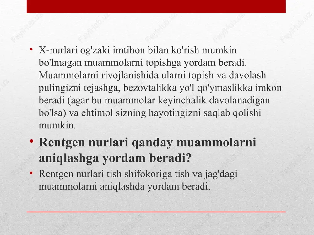 rentgen nurlari butun og'iz sohasini - yuqori va pastki jag'dagi barcha tishlarni bitta rentgen nurida ko'rsatadi. ushbu rentgenogramma to'liq paydo bo'lgan va yangi paydo bo'lgan tishlarning holatini aniqlaydi, ta'sirlangan tishlarni ko'radi va o'smalarni aniqlashga yordam beradi. tomogrammalar og'izning ma'lum bir qatlamini yoki "tilimini" ko'rsatadi va boshqa qatlamlarni xiralashtiradi. ushbu rentgenografiya aniq ko'rish qiyin bo'lgan tuzilmalarni tekshiradi, chunki yaqin atrofdagi boshqa inshootlar ko'rinishni to'sib qo'yadi. tsefalometrik proektsiyalarda boshning butun tomoni ko'rsatilgan. ushbu rentgenografiya tishlarga shaxsning jag'iga va profiliga nisbatan qaraydi. ortodontistlar ushbu rentgen nuridan har bir bemorning o'ziga xos tishlarini qayta tiklash yondashuvini ishlab chiqish uchun foydalanadilar. sialogramma bo'yoqni ishlatadi, u tuprik bezlariga aok qilinadi, shunda ular rentgen plyonkasida ko'rinadi. (tuprik bezlari - bu rentgen yordamida ko'rinmaydigan yumshoq to'qimalar.) tish shifokorlari tuprik bezlarini, masalan, tiqilib qolish yoki sjogren sindromini (og'zining qurishi va quruq ko'zlarini o'z ichiga olgan alomatlar bilan kasallanish) izlash uchun ushbu testni buyurishlari mumkin. buzilish tishlarning parchalanishida rol o'ynashi …