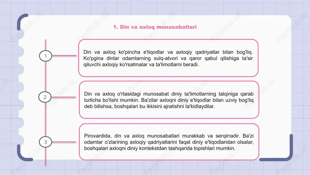 dlar axloqiy rivojlanishga diniy e'tiqodlar, shaxslarning qadriyatlarini shakllantirish va axloqiy qarorlar qabul qilish ta'sir ko'rsatadi. din yo'l-yo'riq va axloqiy tamoyillar manbai bo'lib, to'g'ri va yomonni tushunish uchun asos yaratadi. din va axloq o'rtasidagi munosabatlar murakkab, diniy ta'limotlar ko'pincha axloqiy rivojlanishni shakllantirishda muhim rol o'ynaydi. 8. diniy axloqni kundalik hayotda qo'llash diniy odob-axloqni kundalik hayotda qo‘llash o‘z e’tiqodi o‘rgatgan qadriyatlar va tamoyillarga muvofiq yashashni o‘z ichiga oladi. bu diniy ta'limotlarga asoslangan axloqiy qarorlar qabul qilish va ezgu va solih hayot tarzini saqlashga intilish demakdir. masalan, masihiy boshqalar bilan muloqotda oltin qoidaga amal qilib, iso ko'rsatganidek sevgi va hamdardlik ko'rsatishi mumkin. musulmon o'z biznesida qur'on ta'limotlariga amal qilishi, barcha savdolarida halol va adolatli bo'lishi mumkin. oxir oqibat, diniy axloqning kundalik hayotga integratsiyalashuvi ma'naviy qoniqish va ichki xotirjamlik tuyg'usiga olib kelishi mumkin, chunki shaxslar o'z harakatlarini o'z e'tiqodlariga moslashtiradi va tanlagan e'tiqodining axloqiy qoidalariga muvofiq yashashga intiladi. e'tiboringiz uchun rahmat