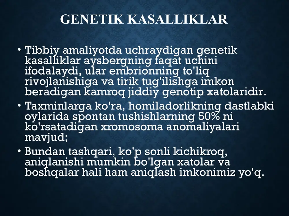 iklar tug'ma emas ; masalan, xantington kasalligi bilan og'rigan bemorlar yigirma yoki o'ttiz yoshga to'lgunga qadar kasallik belgilarini ko'rsatishni boshlamaydi. mutasyonlar mutatsiyani dnkdagi doimiy o'zgarish sifatida aniqlash mumkin. jinsiy hujayralarga ta'sir qiluvchi mutatsiyalar naslga o'tadi va irsiy kasalliklarni keltirib chiqarishi mumkin . somatik hujayralarda yuzaga keladigan mutatsiyalar irsiy kasalliklarni keltirib chiqarmaydi, ammo saraton va ba'zi tug'ma nuqsonlar genezisida muhimdir . dnkning bir tayanch juftligi o'zgarishi natijasida yuzaga keladigan nuqta mutatsiyasining sxematik tasviri. ko'rsatilgan misolda cac bilan almashtirilgan ctc genetik kodni o'zgartiradi ( qarshi mintaqada gag gug), natijada polipeptid zanjirida glutamik kislota valin bilan almashtiriladi. bu o'zgarish b-globin a (b a ) ning normal zanjirining oltinchi aminokislotasini ta'sir qilib , uni o'roqsimon b-globinga (b s ) aylantiradi. mutasyonlar mutatsiyalar turli darajadagi oqsil sinteziga xalaqit berishi mumkin. promotor ketma-ketliklarini o'z ichiga olgan nuqta mutatsiyalari bilan bostirish mumkin . mrnk jarayonining buzilishi intron mutatsiyalari yoki qo'shilish birikmalari yoki ikkalasidan kelib chiqishi mumkin . …