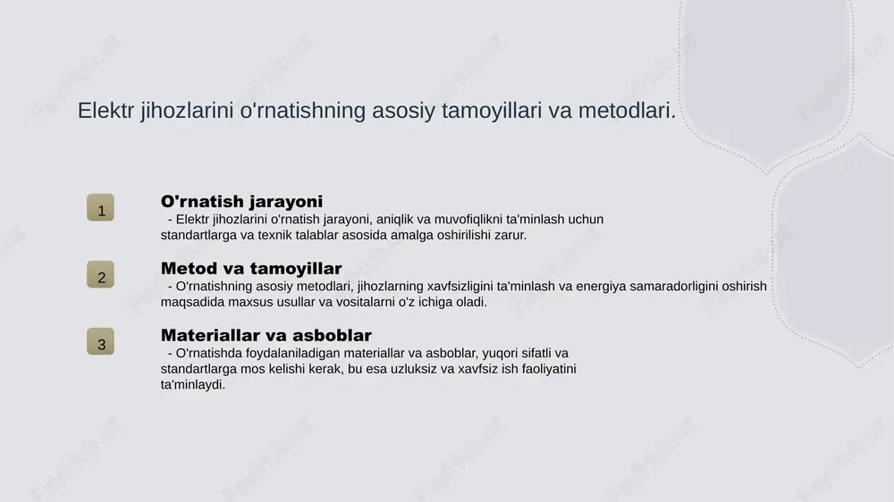 aminlash jarayonida ishlatiladigan materiallar, mis simlar va zaminlash plitalari, usullar esa, elektr jihozlarining turiga mos kelishi zarur. 4 o'zbekiston konteksti o'zbekistonda zaminlash standartlari, mahalliy iqlim va infratuzilma sharoitlariga moslashtirilgan bo'lib, xavfsizlikni oshirishga qaratilgan. elektr jihozlarini o'rnatishda o'zbekistondagi qoidalar va tartiblar. o'zbekistonda elektr jihozlarini o'rnatishda qat'iy qoidalar va tartiblar mavjud. ushbu qoidalar xavfsizlikni ta'minlash, jihozlarni samarali ishlatish va standartlarga javob berishni nazarda tutadi. muhim jihatlar: - o'rnatish joyining mosligi - zaminlash talablariga rioya qilish - mahalliy infratuzilma sharoitlari. photo by engin akyurt on unsplash o'zbekistonda elektr jihozlarini zaminlashning muhimligi va talablari. zaminlashning ahamiyati talablar va standartlar o'zbekistondagi amaliyot elektr jihozlarini zaminlash, xavfsizlikni ta'minlash va elektr toki zarbasidan himoya qilish uchun muhimdir. bu, shuningdek, jihozlarning ishlash muddatini uzaytiradi. o'zbekistonda elektr jihozlarini zaminlash uchun belgilangan talablar va standartlar, xavfsizlikni yuqori darajada ta'minlashga qaratilgan. bular xalqaro va mahalliy normativlarga asoslanadi. zaminlash amaliyoti o'zbekistonda ko'plab sohalarda qo'llanilmoqda, jumladan sanoat, qurilish va xizmat ko'rsatish. ularning bajarilishi, …