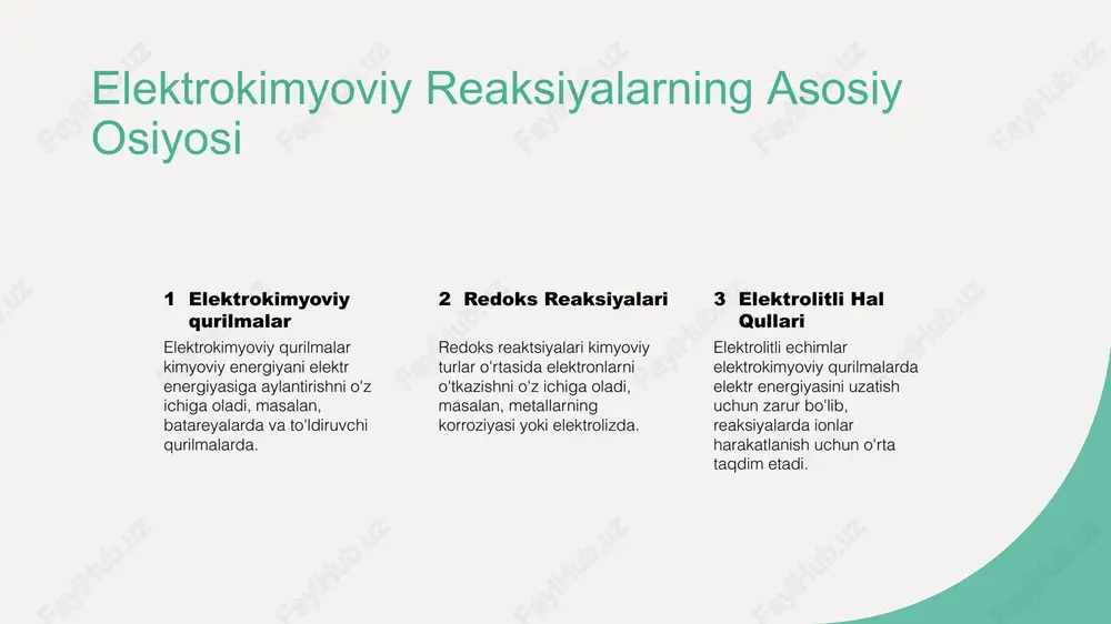 vfsizlikni ta'minlaydi. elektrokimyoviy impedans spektroskopiyasi 1 2 3 elektrokimyoviy impedans spektroskopiyasining printsipi elektrokimyoviy impedans spektroskopiyasining qo'llanilishi elektrokimyoviy impedans spektroskopiyasining afzalliklari elektrokimyoviy impedans spektroskopiyasi, ilovaga qo'llangan ac potensialiga elekrokimyoviy tizimning impedans javobini o'lchaydi va tizimning xulqini tushunishga imkon beradi. elektrokimyoviy impedans spektroskopiyasi (eis) korroziya tadqiqotlari, to'ldirilgan qurilishli batareyalar, akkumulyatorlar sinovlari va biosensorlar ishlab chiqarishda keng qo'llaniladi va elektrok eis elektrochimik tizimlarni buzishsiz, vaqtinchalik monitoring qilishga imkon beradi, reaksiya kinetikasi, yuzlar xususiyatlari va interfeys jarayonlari haqida qimmatli ma'lumotlar beradi. elektrokimyoviy davolashda elektrokimyaning roli elektrokimyoviy biosensorlar elektrokimyoviy biosensorlar, masalan, qanddagi ma'lum bir biomolekulni aniqlash uchun enzimlardan foydalanadi va tez va aniq diagnostik natijalarni taqdim etadi. nuqtai nazar sinovlari elektrokimyoviy texnikalar, geleneksel laboratoriya muhitidan tashqari ishlatiladigan, qulay va vaqtiy tibbiy tanishtirish imkoniyatiga ega bo'lgan joyda sinovlar qurish qurilmalarini imkon qiladi. kasallik biomarkerlarini aniqlash elektrokimyoviy usullar ma'lum bir kasallikning biomarkerlari, masalan, ma'lum proteini yoki dns ketma-ketligini aniqlashda yordam beradi va turli tibbiy holatlarni tezroq aniqlash …