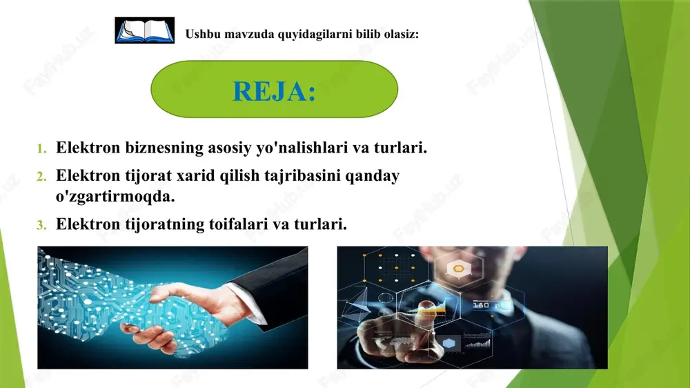 lchidan iste'molchiga (c2c). biznesdan biznesga. ushbu turkumga kompaniyalar o'rtasidagi o'zaro munosabatlarning barcha darajalari kiradi. masalan: diler yetkazib beruvchining ma'lumotlar bazalari bilan ishlagan holda buyurtmalarni mustaqil ravishda joylashtirish va ularning bajarilishini kuzatish imkoniyatini oladi. 😄 e’tiboringiz uchun raxmat image1.jpeg image2.jpeg image3.jpeg image4.jpeg /docprops/thumbnail.jpeg
