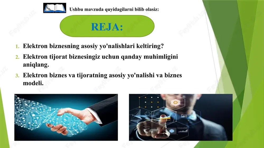 alki odamlar, g'oyalar, texnologiyalar, kompaniyaning asosiy axborot resurslarini birlashtirish va ulardan foydalanish strategiyasi kabi nomoddiy aktivlar bilan tobora ko'proq aniqlanadi. 2. masofalar yo'qoladi. har bir inson o'z mijozi bilan dunyoning istalgan nuqtasida bir zumda bog'lanishi mumkin. endi butun dunyo potentsial mijozga aylanmoqda. biznes uchun katta imkoniyatlar ochilmoqda. 3. interaktivlik muvaffaqiyatning hal qiluvchi omiliga aylanib bormoqda va u korxonalarni boshqarishda sezilarli o'zgarishlarga olib keladi. bozordagi o'zgarishlarga tezda javob bera oladigan va real vaqt rejimida yangi sharoitlarga moslasha oladiganlar biznes afzalliklariga ega bo'ladilar. 5. tarmoq aloqasi oson va yangi mahsulot ma'lumotlari bir zumda tarqatiladi. 7 6. bozor qiymati oshadi. bozor ulushi ortishi bilan u eksponent tarzda o'zgaradi. umumiy standartni yaratishga yordam beradigan mahsulotlar uchun tarmoq effekti yanada aniqroq. qanchalik ko'p foydalanilsa, shunchalik muhim bo'ladi. bu an'anaviy iqtisodiyotdan tubdan farq qiladi, unda mahsulot qiymati qanchalik yuqori bo'lsa, uning tanqisligi shunchalik katta bo'ladi. 7. odatiy vositachi axborot vositachisi (axborot vositachisi) bilan almashtiriladi. axborot hajmining …