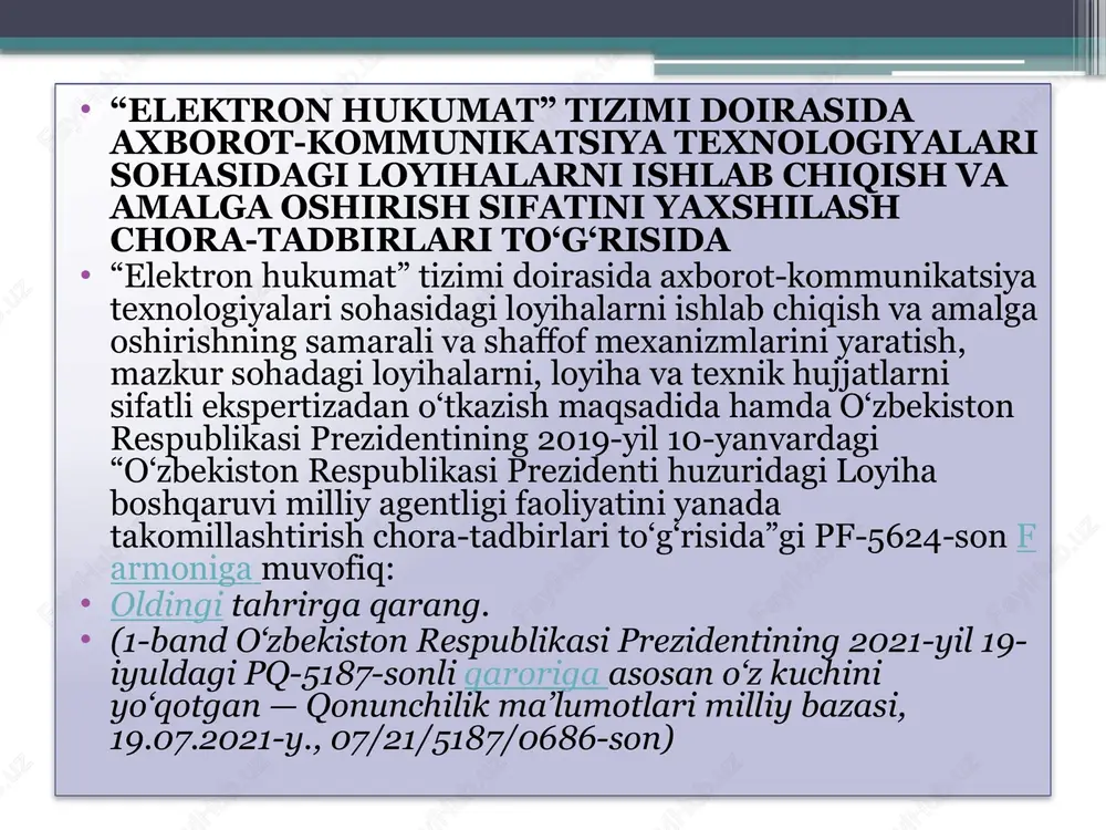 to‘lov undiriladi. bunda, ushbu ekspertiza 100 foiz oldindan haq to‘lash sharti bilan amalga oshiriladi; (3-bandning oltinchi xatboshisi o‘zbekiston respublikasi prezidentining 2019-yil 13-dekabrdagi pf-5894-sonli farmoni tahririda — qonun hujjatlari ma’lumotlari milliy bazasi, 14.12.2019-y., 06/19/5894/4161-son) yuklatilgan vazifalarni bajarishda markaz davlat va nodavlat tashkilotlar, shu jumladan loyiha institutlari, injiniring va konsalting kompaniyalari, ilmiy-ta’lim muassasalari, shuningdek, xalqaro, xorijiy va mahalliy tashkilotlar bilan o‘zaro hamkorlik qiladi. (4-band o‘zbekiston respublikasi prezidentining 2021-yil 19-iyuldagi pq-5187-sonli qaroriga asosan o‘z kuchini yo‘qotgan — qonunchilik ma’lumotlari milliy bazasi, 19.07.2021-y., 07/21/5187/0686-son) 5. markaz 2022-yil 1-yanvarga qadar yagona ijtimoiy to‘lovdan tashqari barcha turdagi soliqlar va majburiy to‘lovlar to‘lashdan ozod etilsin, bo‘shaydigan mablag‘lar moddiy-texnika bazasini mustahkamlashga, shuningdek, xodimlarni moddiy rag‘batlantirishga maqsadli tarzda yo‘naltirilsin. oldingi tahrirga qarang. (6-band o‘zbekiston respublikasi prezidentining 2021-yil 19-iyuldagi pq-5187-sonli qaroriga asosan o‘z kuchini yo‘qotgan — qonunchilik ma’lumotlari milliy bazasi, 19.07.2021-y., 07/21/5187/0686-son) (7-band o‘zbekiston respublikasi prezidentining 2021-yil 19-iyuldagi pq-5187-sonli qaroriga asosan o‘z kuchini yo‘qotgan — qonunchilik ma’lumotlari milliy bazasi, 19.07.2021-y., …