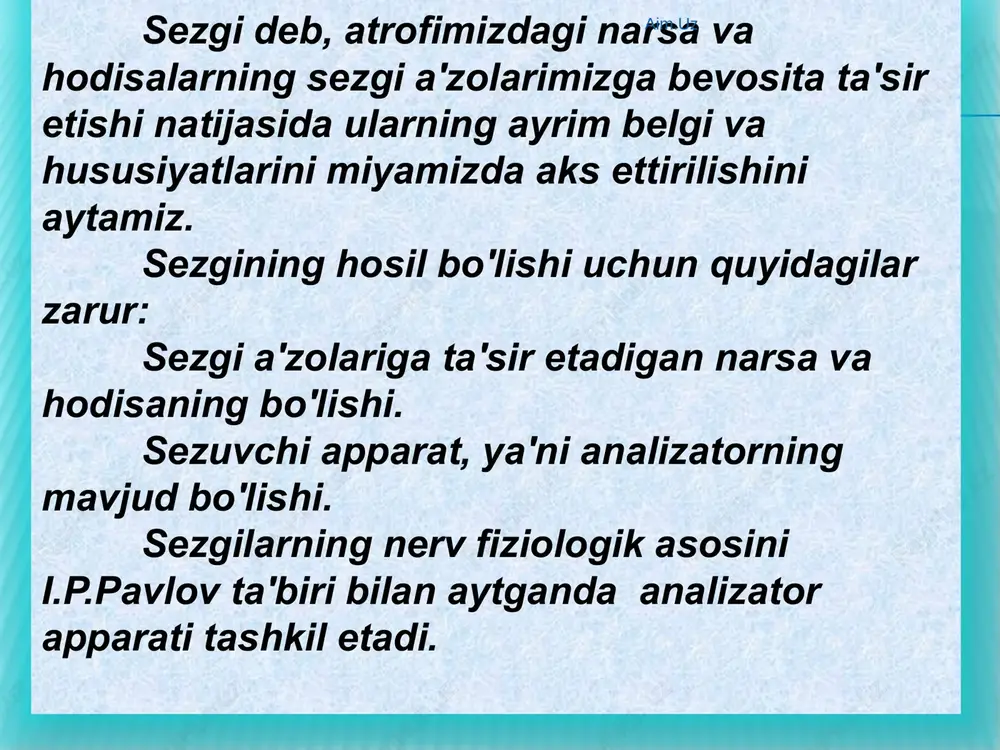 opadi. uning markazi ichki quloq kanallarida joylashgan bo'lib, ular o'zaro bir-biriga perpendikulyar bo'shliqda tutash holatda yotadi. aim.uz sezgining quyidagi turlari mavjud: ko`rish sezgilari; eshitish sezgilari; hid bilish sezgilari; tam bilish sezgilari; teri sezgilari; mustaqil harakat(kinestetik); statistic sezgilari; organik sezgilari; aim.uz ranglar quyidagi turlarga ajratiladi: hromatik ranglar psihofiziologik qonunga ko'ra yorug`lik nurlari uchburchak shisha prizma orqali o'tib singanda hosil bo'ladigan rangga aytiladi va ularga kamalak ranglar, ya'ni qizil, zarg`aldoq, sariq, yashil, havo rang, ko'k, binafsha tuslarini qamrab oladi. ahromatik ranglar odatda oq rang, qora rang, kulrang va ularning turlicha ko'rinishlariga aytiladi. aim.uz kolbachalar yordami bilan hromatik, ya'ni kunduzgi ranglar ko'riladi. tayoqchalar yorug`likni yahshi sezuvchan bo'lib, hira va qorong`u paytlarda o'z funksiyasini bajaradi, ahromatik ranglarni aks ettiradi. aim.uz uch rangli sezgi nazariyasining asosiy qoidalari 1756 yilda m.v.lomonosov tomonidan bayon qilingan bo'lsa, 1856 yildan keyin nemis fizigi g.gelmgols tomonidan uni to'la isbotlab berilgan aim.uz ushbu nazariyaga binoan to'r pardaning kolbachalarida uchta asosiy element …