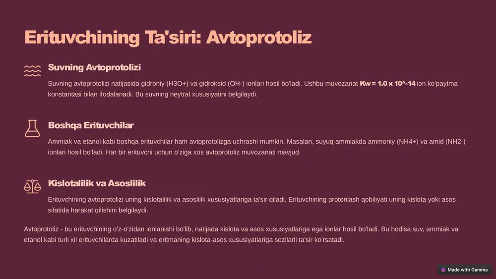 uchun ishlatiladigan shkala. ph shkalasi 0 dan 14 gacha bo'lib, 7 neytral, 7 dan past kislotali va 7 dan yuqori ishqoriy ekanligini ko'rsatadi. ph matematik ifodasi quyidagicha: ph = -log[h+]. indikatorlar ph ni aniqlash uchun ishlatiladi. ular eritmaning ph qiymatiga qarab rangini o'zgartiradigan moddalardir. masalan, lakmus qog'ozi kislotali muhitda qizil, ishqoriy muhitda ko'k rangga kiradi. 5 bufer eritmalar: ta'rifi va ahamiyati ta'rifi bufer eritma - bu kislota yoki asos qo'shilganda ph ni saqlab turuvchi eritma. tarkibi bufer eritma zaif kislota va uning tuzidan yoki zaif asos va uning tuzidan iborat. henderson-hasselbalch henderson-hasselbalch tenglamasi bufer ph ni hisoblash uchun ishlatiladi: ph = pka + log([a-]/[ha]). biologik rol buferlar biologik tizimlarda, masalan, qonning ph muvozanatini saqlashda muhim rol o'ynaydi. bufer eritmalari ph ni saqlab turish qobiliyati tufayli kimyo va biologiyada muhim ahamiyatga ega. ular biologik tizimlarda, sanoat jarayonlarida va analitik kimyoda keng qo'llaniladi. buferlar ph ni barqaror ushlab turish orqali reaksiyalarning samaradorligini …