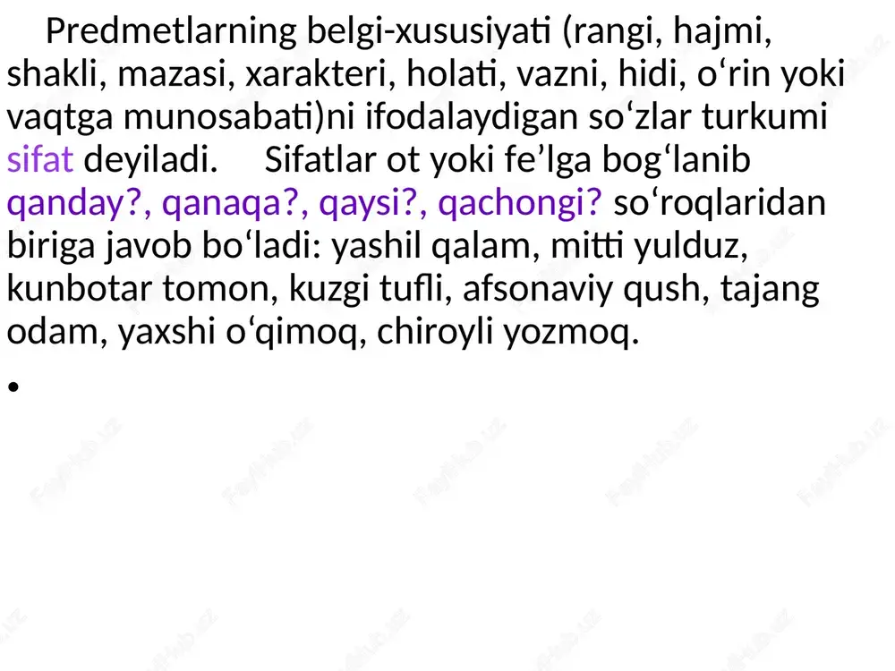 chechan. ayrim murakkab sifat qismlari orasidagi munosabat o‘ta zich bo‘lmaganligi uchun, ularning o‘rnini almashtirib qo‘llash mumkin bo‘ladi: oq ko‘ngil- ko‘ngli oq, sochi uzun-uzun sochli, ko‘ngli tor-tor ko‘ngilli. juft sifatlar bir umumiy belgi ifodalovchi ikki sifatning teng bog‘lanishidan hosil bo‘ladi: ochiq-sochiq, qing‘ir-qiyshiq, uzun-qisqa, yaxshi – yomon, kattayu kichik, sog‘u salomat. sifatni tahlil qilish tartibi . . 1. ma’no turi 2. darajasi: oddiy, qiyosiy, orttirma. 3. tuzilishiga ko‘ra turi: sodda, qo‘shma, murakkab, juft, takror 4. yasama sifatning yasalish usuli. 5. qaysi so‘z bilan bog‘lanishi. 6. gapdagi vazifasi.