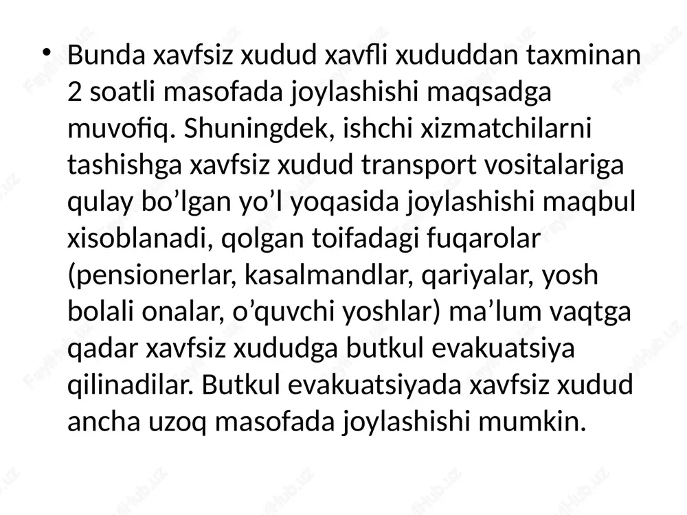 shpana yaratish zarur bo‘ladi. boshpana ta'minlash quyidagi maqsadlarga xizmat qiladi: xavfsizlikni ta’minlash: evakuatsiya qilinganlarni xavfli hududdan olib chiqish va ularni vaqtinchalik xavfsiz joylarda joylashtirish. odamlarning salomatligini saqlash: evakuatsiya qilingan aholiga tibbiy yordam, toza ichimlik suvi va oziq-ovqat taqdim etish, shuningdek, ruhiy yordam ko‘rsatish. xususiy va jamoat binolarida boshpana maktablar, sport zallari, madaniyat uylari: boshpana sifatida jamoat binolarini ishlatish mumkin. bu binolar odatda yaxshi yoritilgan, isitilgan va sanitariya sharoitlariga ega. xususiy uylarda boshpana: ayrim hollarda, favqulodda vaziyatlar vaqtida xususiy uylardan vaqtinchalik boshpana sifatida foydalanish mumkin. maxsus boshpana lagerlari evakuatsiya qilinganlarni vaqtincha joylashtirish uchun maxsus lagerlar tashkil etish. bu lagerlarda: tivardlar (nonga tayyor lagerlar): odamlar bo‘sh vaqtlarida ularni yashashga imkon beradigan yengil panjaralar yoki shalvarlar bilan ta’minlanadi. yemak va ichimliklar: lagerlarda evakuatsiya qilinganlarni oziq-ovqat va ichimlik suvi bilan ta'minlash. sanitariya va gigiena: lagerlarda sanitariya sharoitlarini ta'minlash va yuvinish joylarini tashkil qilish muhimdir. evakuatsiya qilinayotganlarni boshpana joyiga olib kelish evakuatsiya qilinganlarni boshpana joylariga …