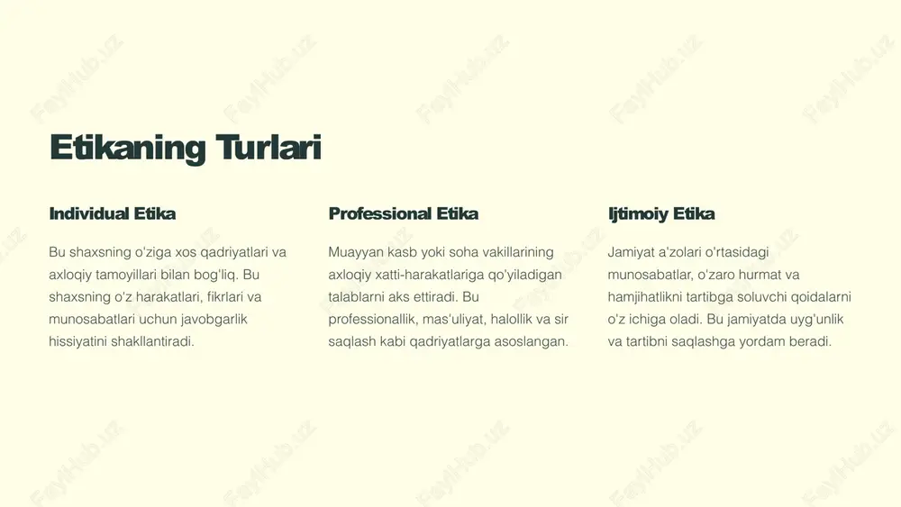 l qilishda etik jihatlarga e'tibor berish muhimdir. bu ishchilar huquqlari, ekologik barqarorlik va axloqiy iste'molni nazarda tutadi. 8 etika va estetikaning o'zaro aloqasi etika va estetika - bu inson hayotining ajralmas qismlari. ular bir-biriga uzviy bog'liqdir va insoniyatning axloqiy va badiiy rivojlanishida muhim rol o'ynaydi. 1 harakatlar insonning etik xulq-atvori uning estetik qarashlariga ta'sir qiladi. 2 qadriyatlar estetik qarashlar insonning axloqiy qadriyatlarini shakllantirishda muhim rol o'ynaydi. 3 go'zallik etik xulq-atvor insonning go'zallikni idrok etish qobiliyatini rivojlantiradi. etika estetikaning rivojlanishiga, estetika esa etik tarbiyaning samaradorligiga yordam beradi. 9 etikaning estetik jihatlar bilan uzviy bog'liqligi estetik qiyofaning rol insonning tashqi qiyofasi uning axloqiy fazilatlarini aks ettirishi mumkin. estetik jihatlar etikaga ta'sir qilishi mumkin. go'zallik va yaxshilik go'zallik va yaxshilik bir-biri bilan bog'liqdir. go'zal narsalar ko'pincha yaxshilik bilan bog'lanadi. etik mulohazalar estetik jihatlar etik mulohazalarni shakllantirishda rol o'ynaydi. go'zallik etik tuyg'ularni uyg'otishi mumkin. madaniyatning ta'siri turli madaniyatlarda go'zallik va yaxshilik tushunchalari farqlanadi. bu …