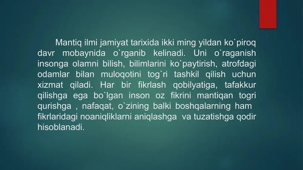 tiq mantiqiy ziddiyatlar bilan real hayot ziddiyatlari chalkashtirib yubo- rishni qoralaydi. chunki bulardan birinchisi tafakkurda yol qoyib bolmaydiga ziddiyat bolsa, ikkinchisi buyum, hodisalar taraqqiyotining ichki manbaini tashkil qiladgan dielektik ziddiyatdir. birinchisi subyektiv, ikkinchisi obyektiv ziddiyatdir. uchinchisi istisno qonuni –nozidlik qonunining mantiqiy davomi bolib, fikrning toliq maz munini qamrab olib, bayon qilingan ikki zid fikrdan biri chin, boshqasi yolg`on, uchinchisiga o`rin yo`q ekanligini ifodalaydi. bu qonun fikrlar o`rtasidagi zid ifodalaydi. agarda zid munosabatlar fikrning toliq mazmuni qamrab olmasa, ikki zid belgidan boshqa belgilarning ham mavjudligi ma`lum bo`lsa, unda “uchinchisi –istisno “ qonuni amal qilmaydi. istisno qonuni quyidagi holatlarda qollanadi: 1.alohida olingan yakka buyumga nisbatan bir xil vaqt va munosabat doirasida o`zaro zid fikr bildirilganda masalan: toshkent –o`zbekistonning poytaxti. toshkent-o`zbekistonning poytaxti emas. 2.son va sifatga ko`ra o`zaro zid mulohazalar bayon qilinganda, buyum va hodisalarning sinfi haqida tasdqla bayon qilingan mulohaza bilan, shu sinf buyum va hodisalarning bir qisi haqida inkor etib bayon …